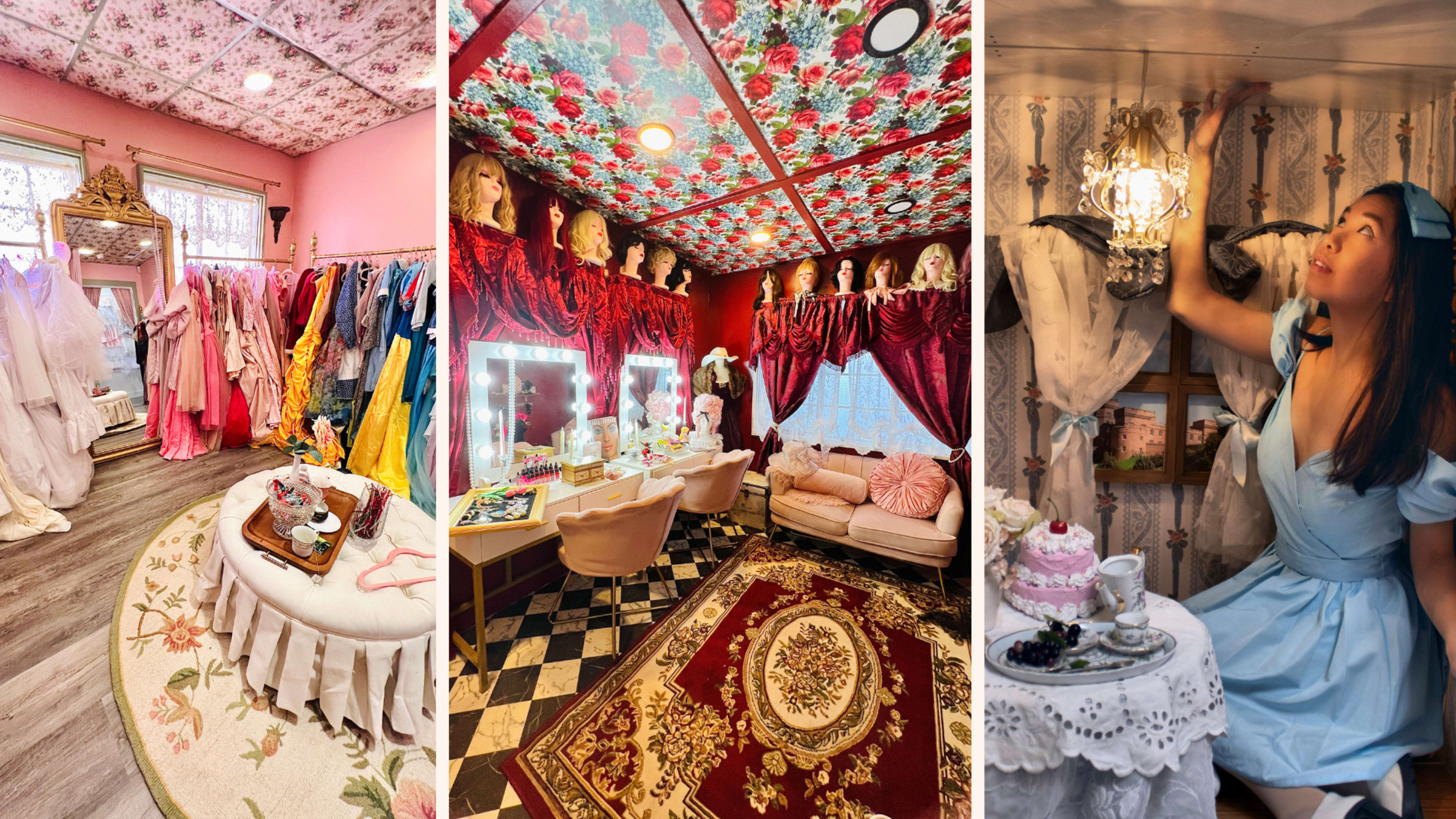 Three distinct rooms: one filled with colorful dresses and a mirrored vanity, another with a pink seating area and floral décor, and a third featuring a woman in a blue dress reaching for a chandelier in a whimsical setting.