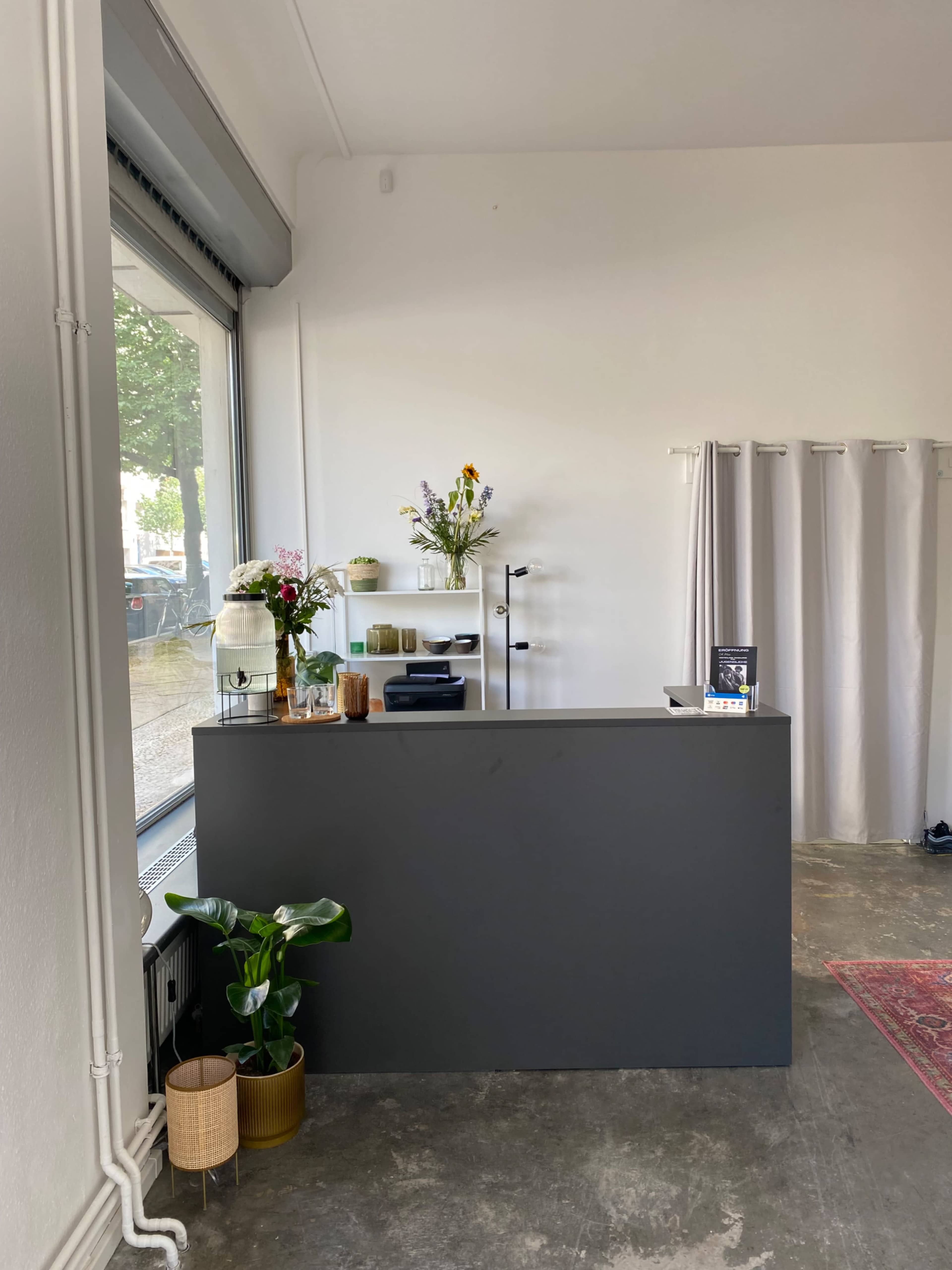 The image shows a minimalistic reception area featuring a dark counter, potted plants, and a display of flowers against a backdrop of large windows.