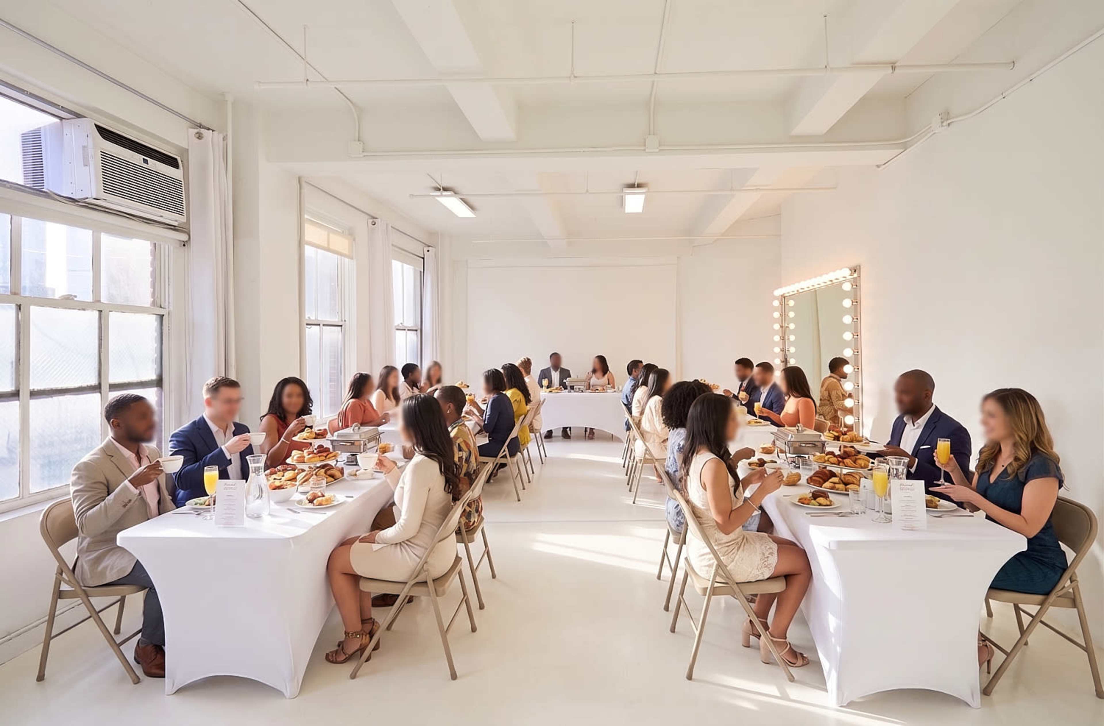 A large group of people is seated around white tables in a bright room, enjoying a meal together.