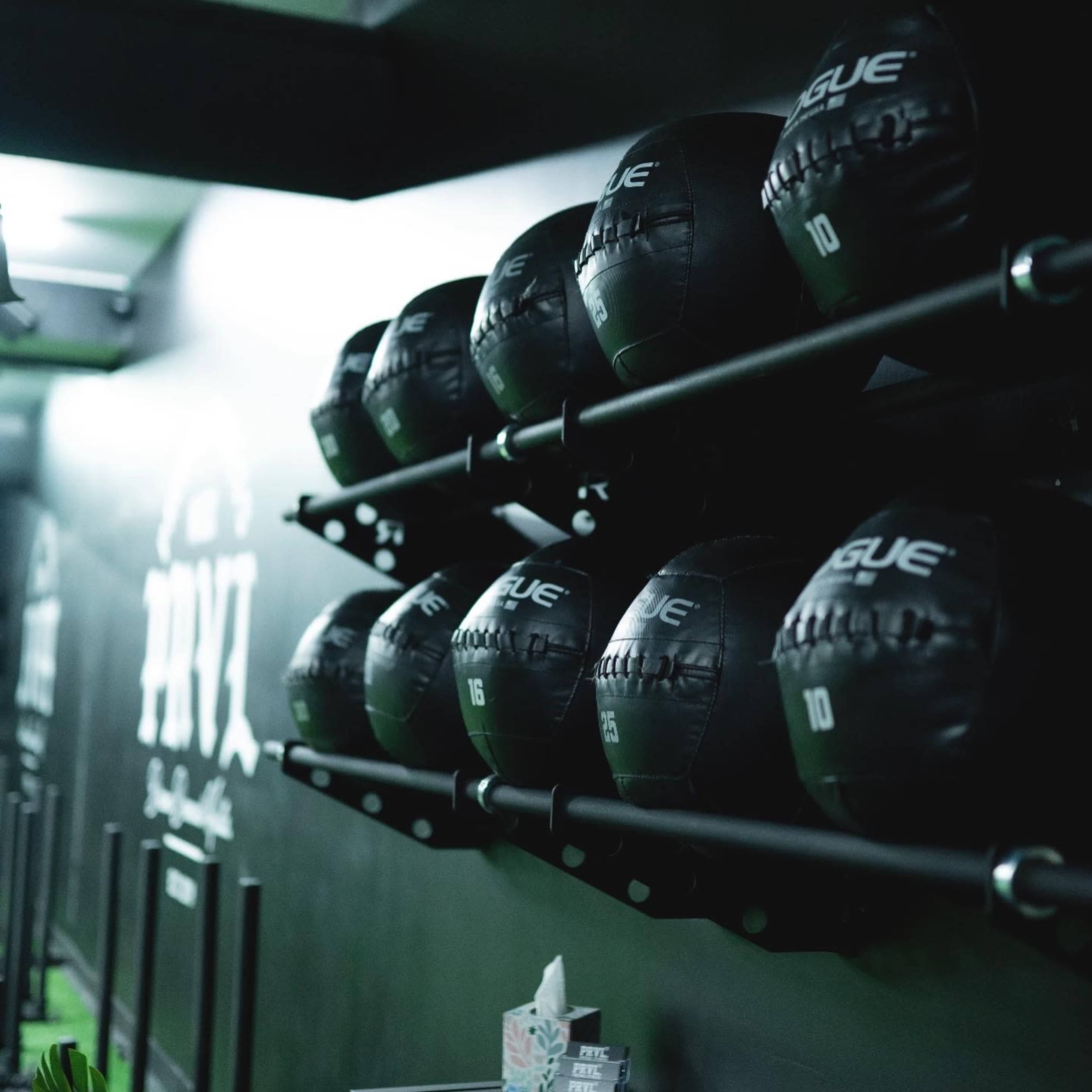 A row of black medicine balls labeled with numbers sits on a wall-mounted rack in a gym.
