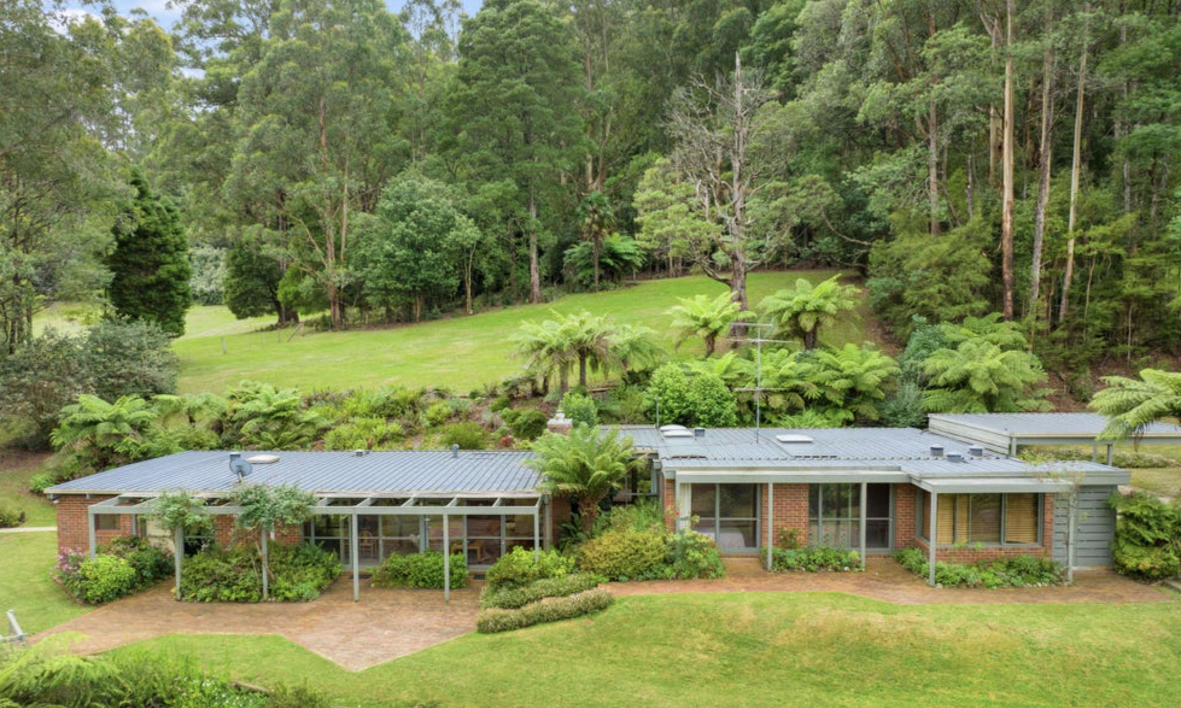 A single-story brick house with a metal roof, surrounded by lush greenery and trees in a rural setting.