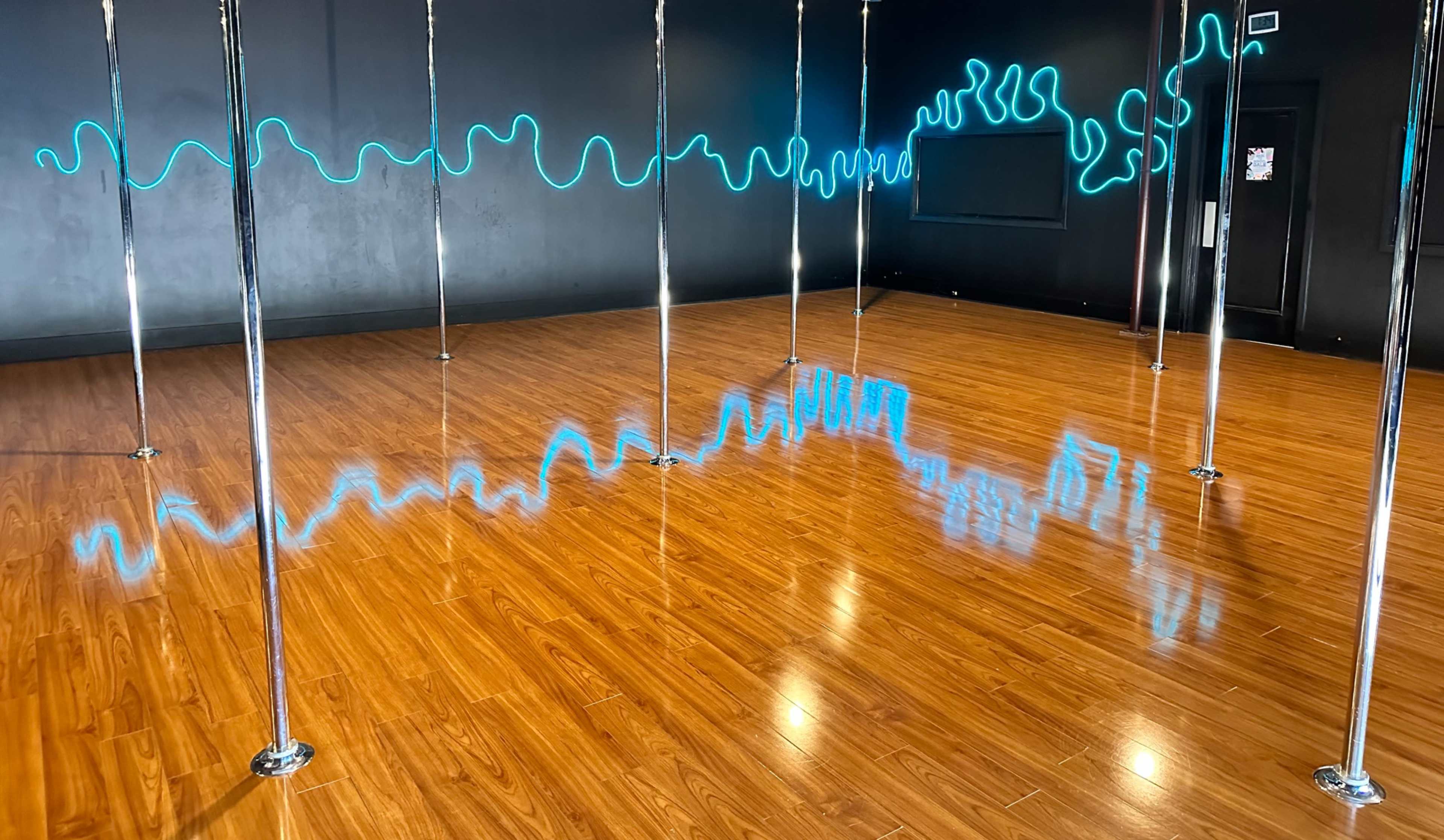 A dance studio featuring polished wooden floors, chrome poles, and a neon wave design on the black wall.