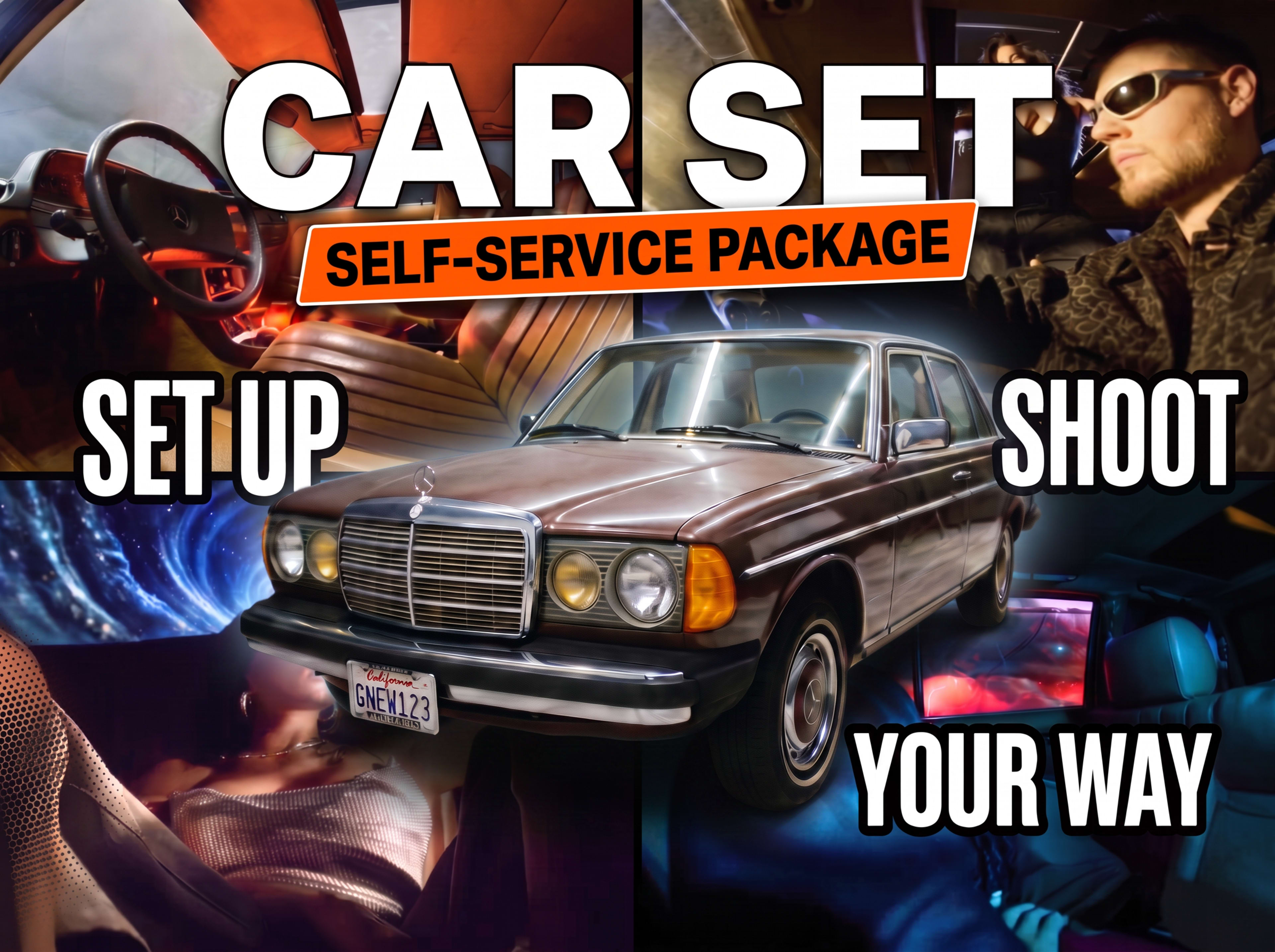 The image features a vintage Mercedes-Benz car at the center surrounded by visuals of people interacting with its interior and promotional text highlighting a self-service package for a car set.