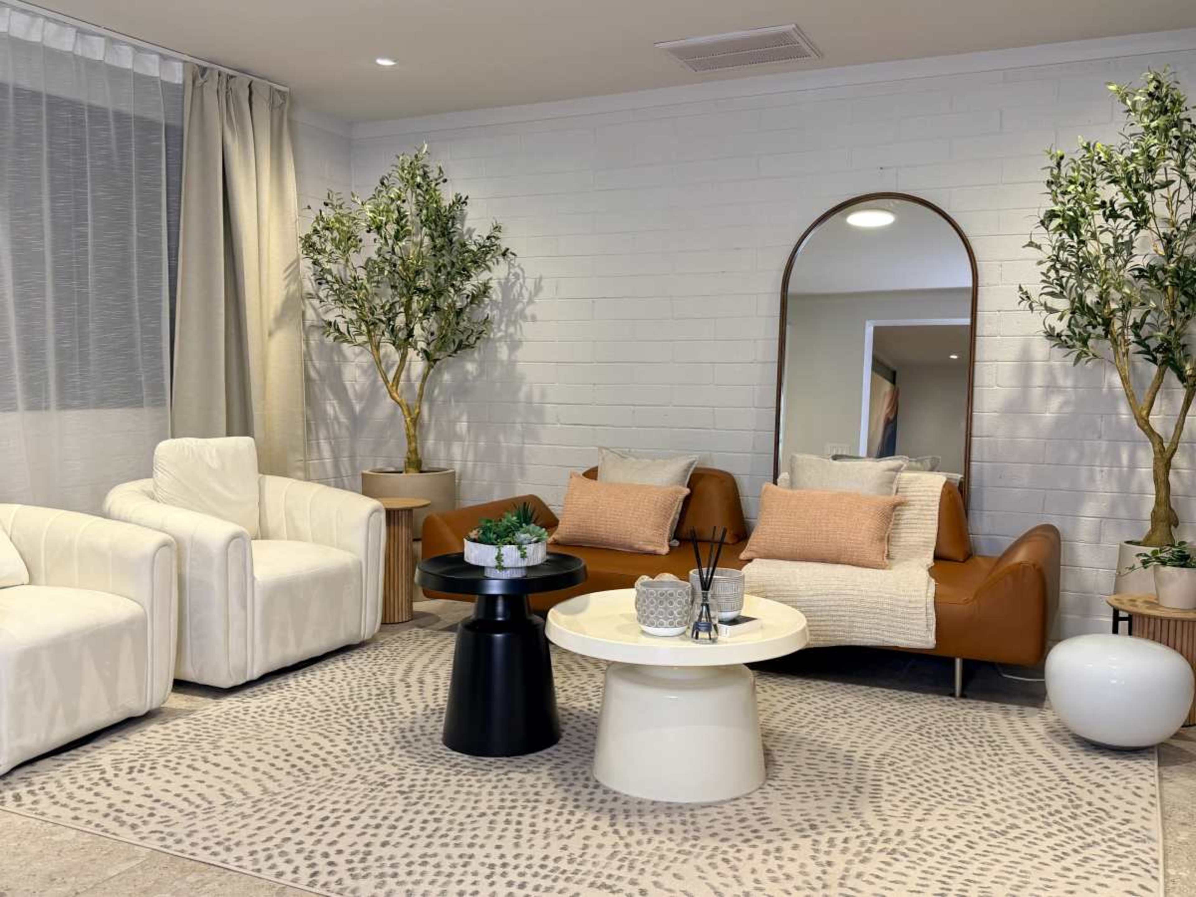The image shows a modern living room with two upholstered couches, a circular coffee table, a patterned rug, potted plants, and a large mirror on the wall.