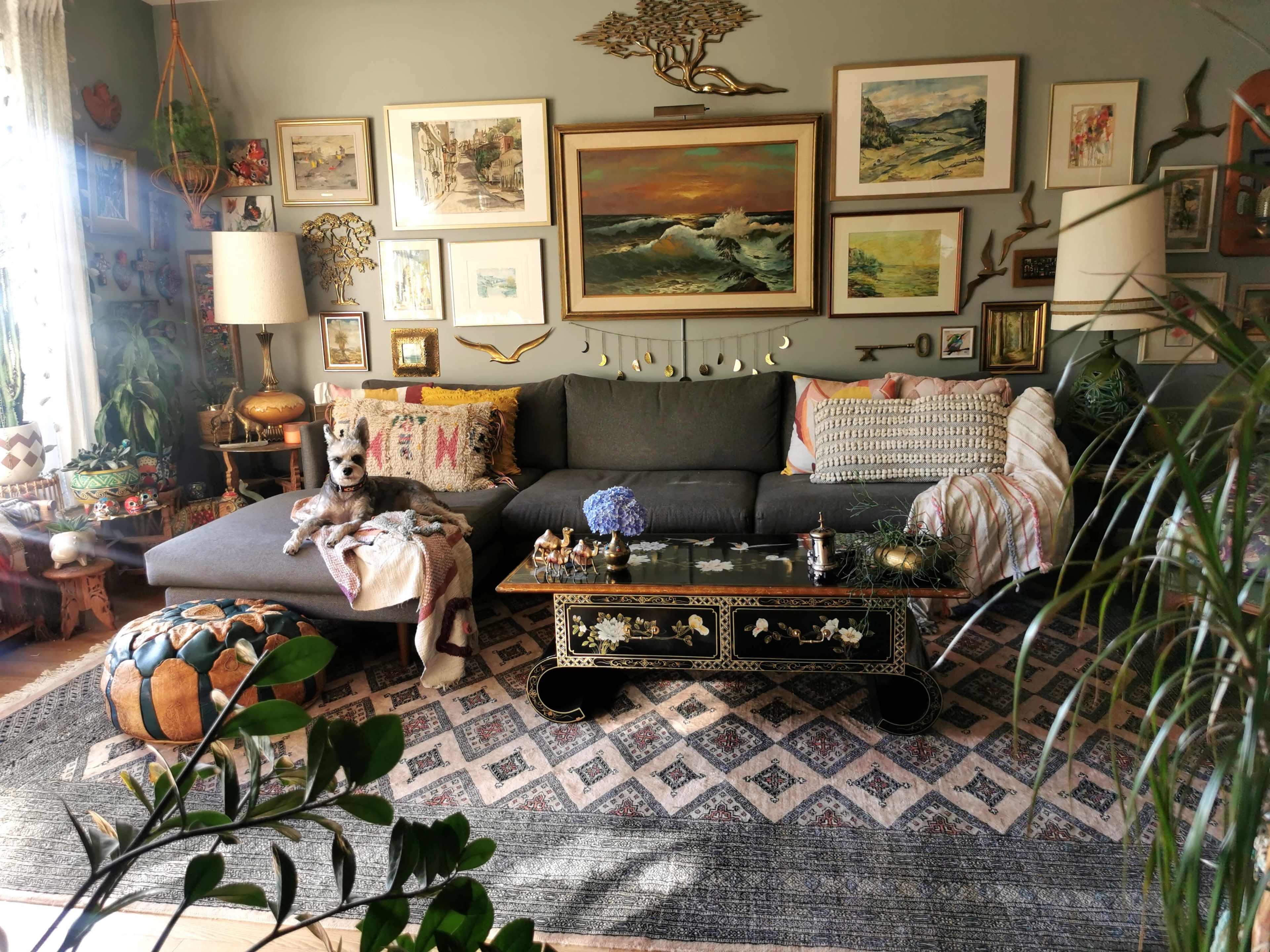 A living room features a gray sectional sofa adorned with colorful cushions, surrounded by framed artwork on the walls and various plants throughout the space.