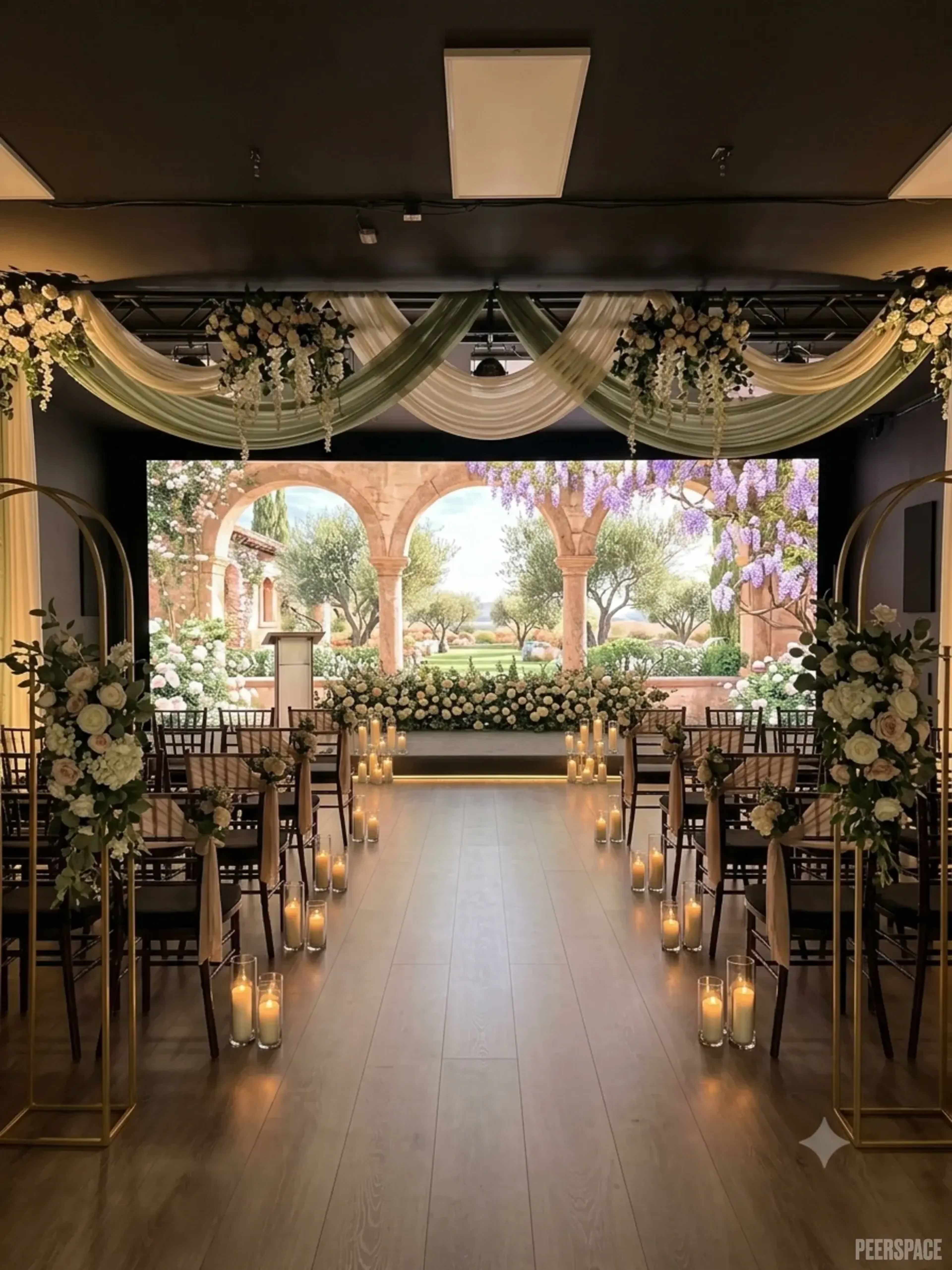 The image shows a wedding ceremony setup with rows of chairs, floral arrangements, and candles, framed by a large backdrop of an outdoor garden scene.