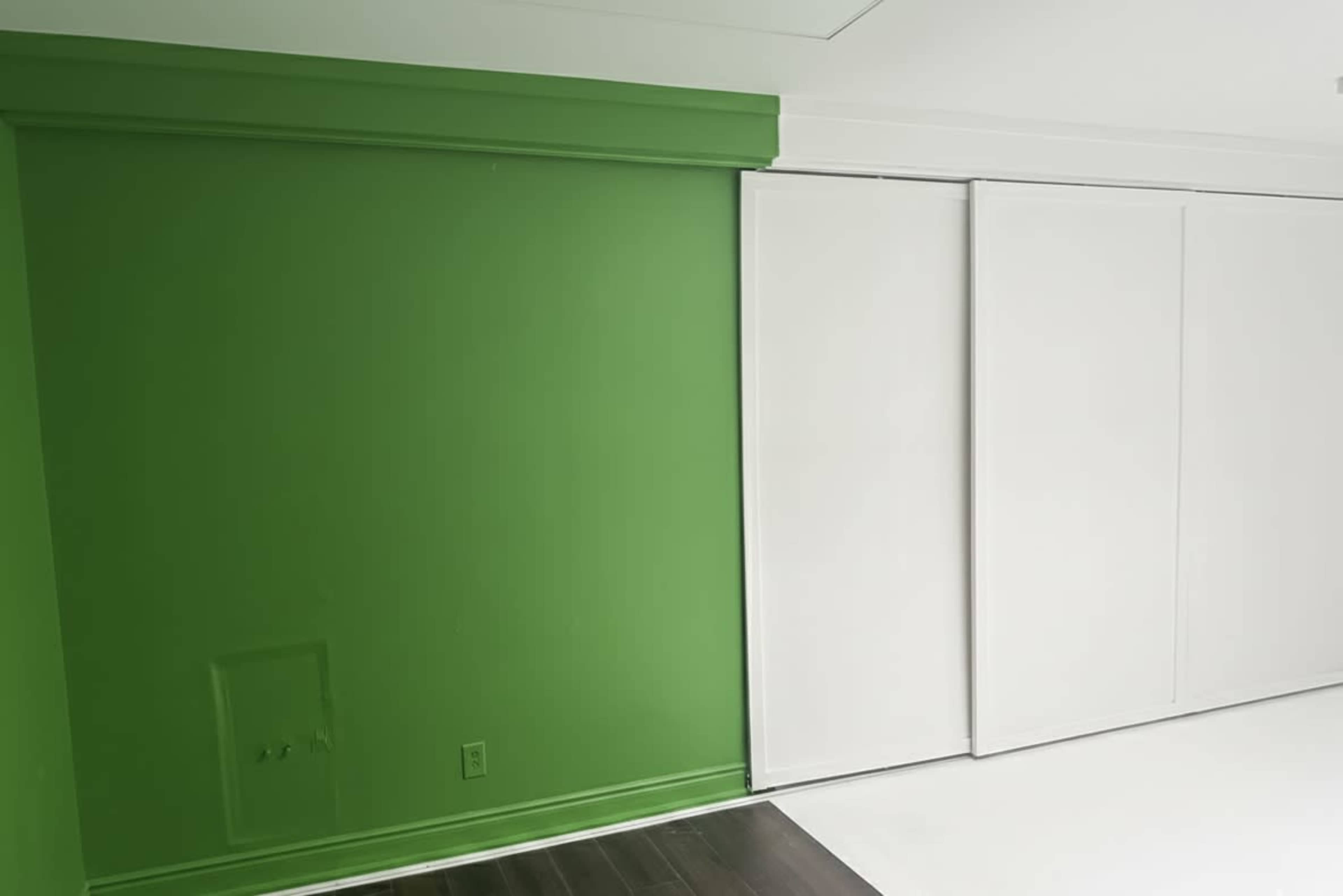 The image shows a room with a vibrant green wall on the left and a white sliding door on the right, along with a section of dark wood flooring visible at the bottom.