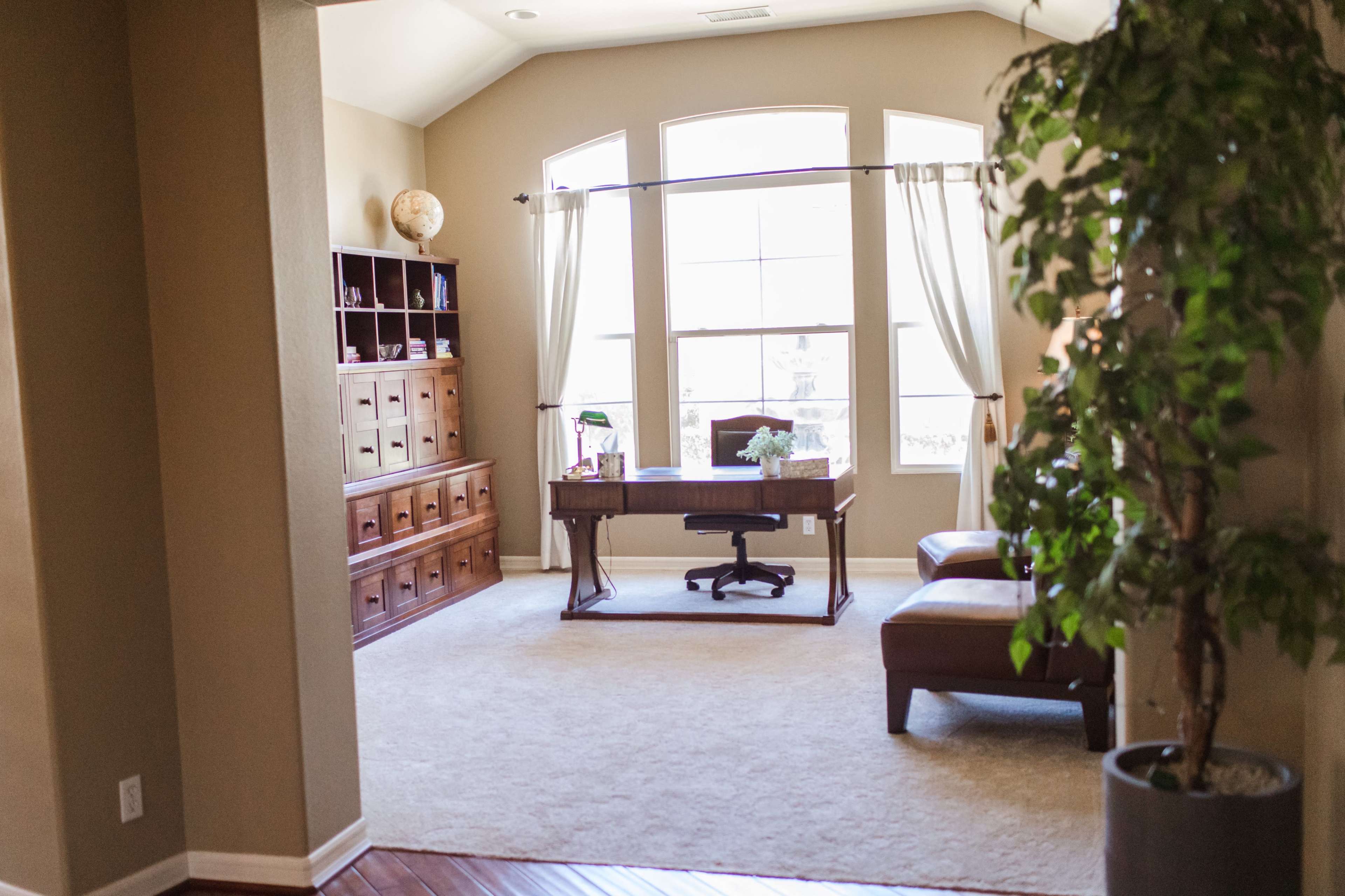 The image shows a home office featuring a wooden desk with an ergonomic chair, a large window with sheer curtains, a shelving unit, and a potted plant in the corner.