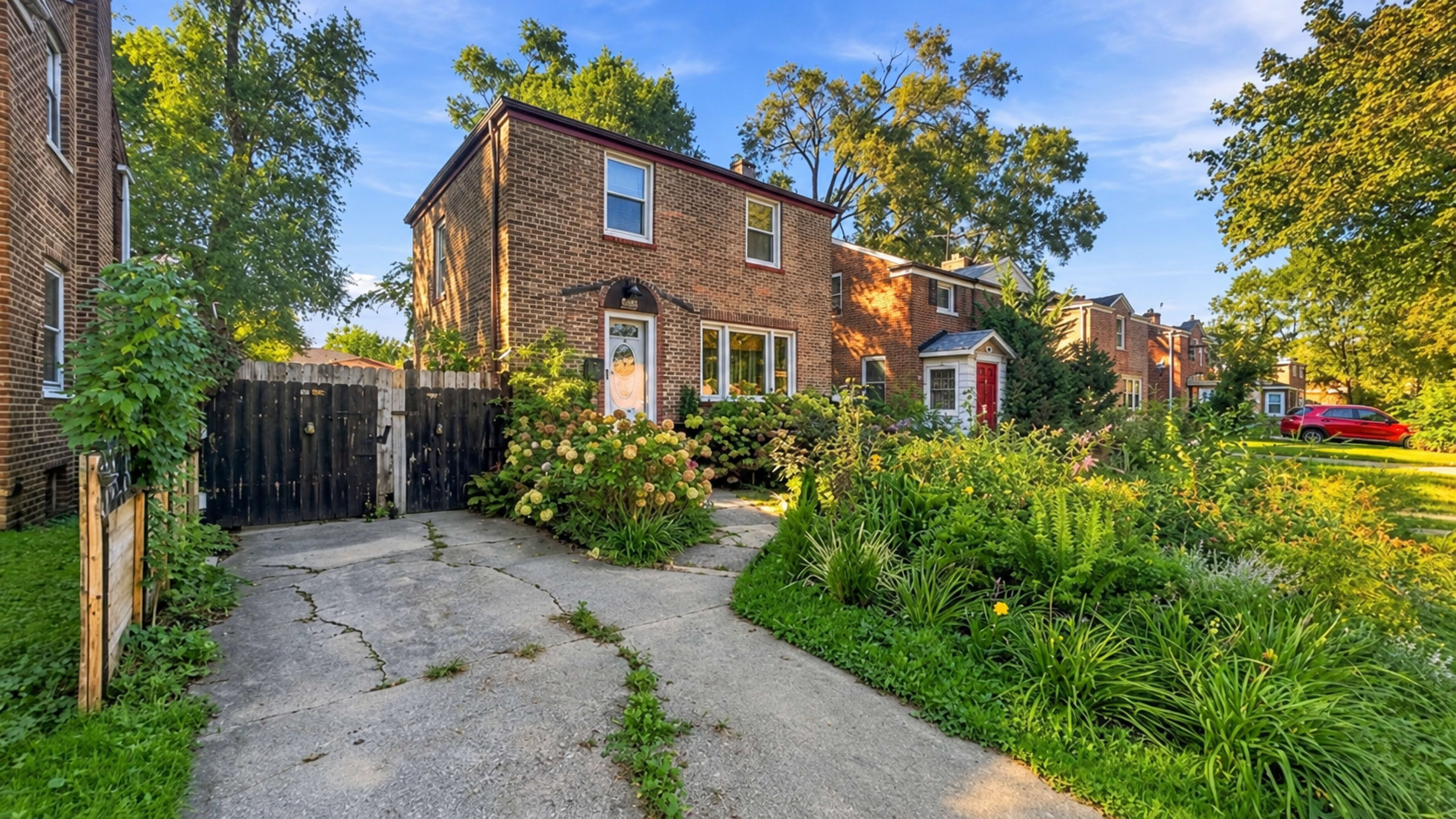 A two-story brick house with a front yard filled with overgrown plants and a cracked driveway is surrounded by trees and neighboring homes.