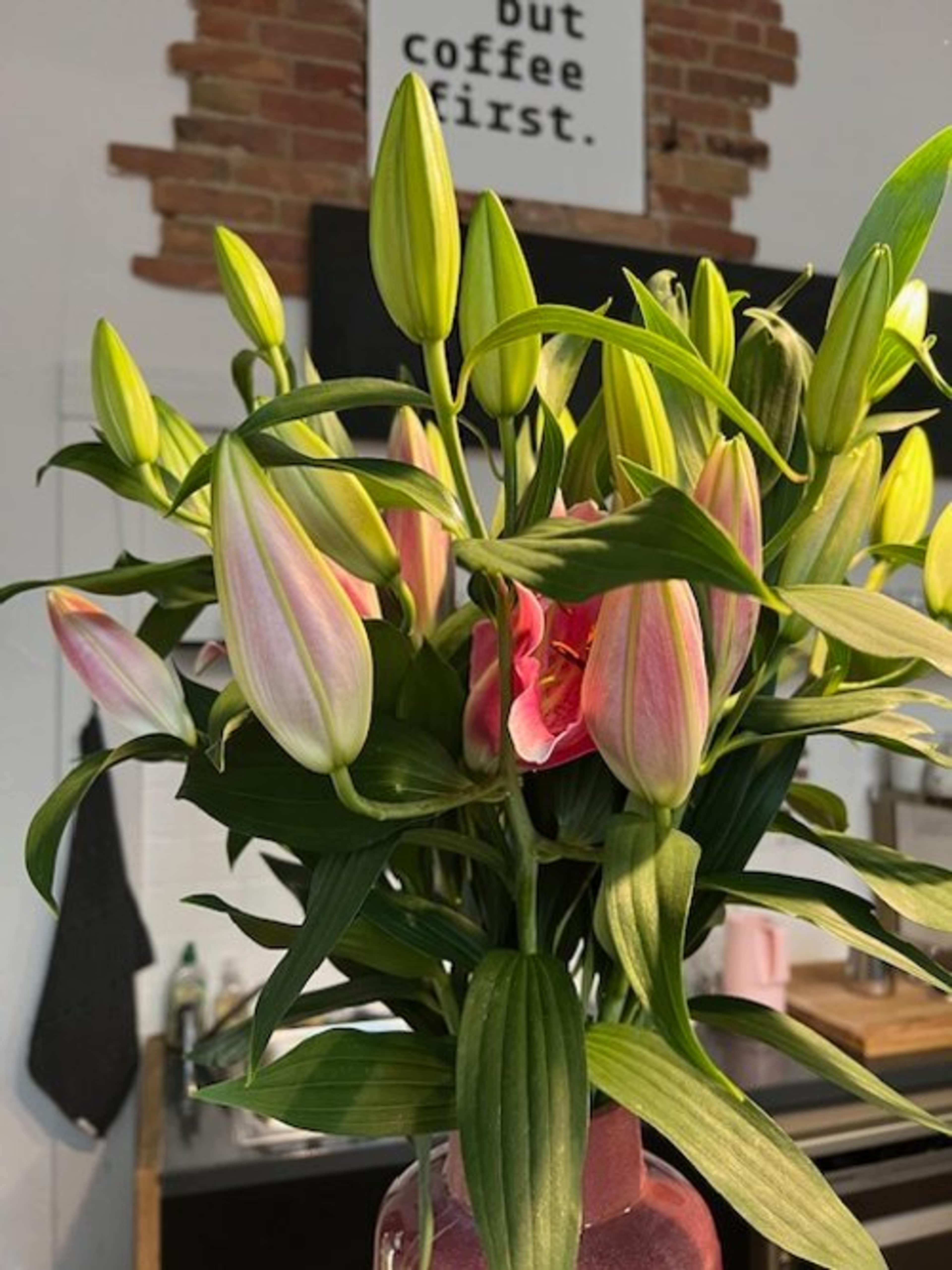 A bouquet of unopened lilies with green leaves is displayed in a glass vase against a backdrop of a kitchen wall.