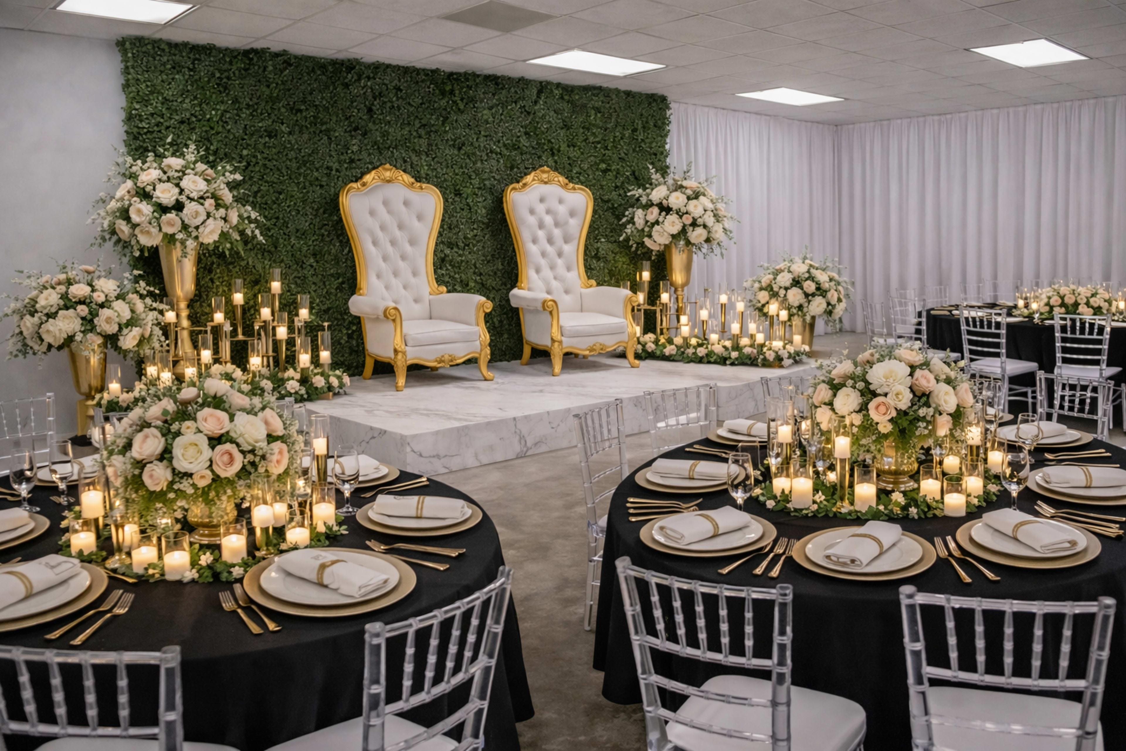 A decorative event space features elegant round tables with black tablecloths, golden centerpieces, and white floral arrangements, alongside a raised platform with two lavish white chairs set against a green wall.
