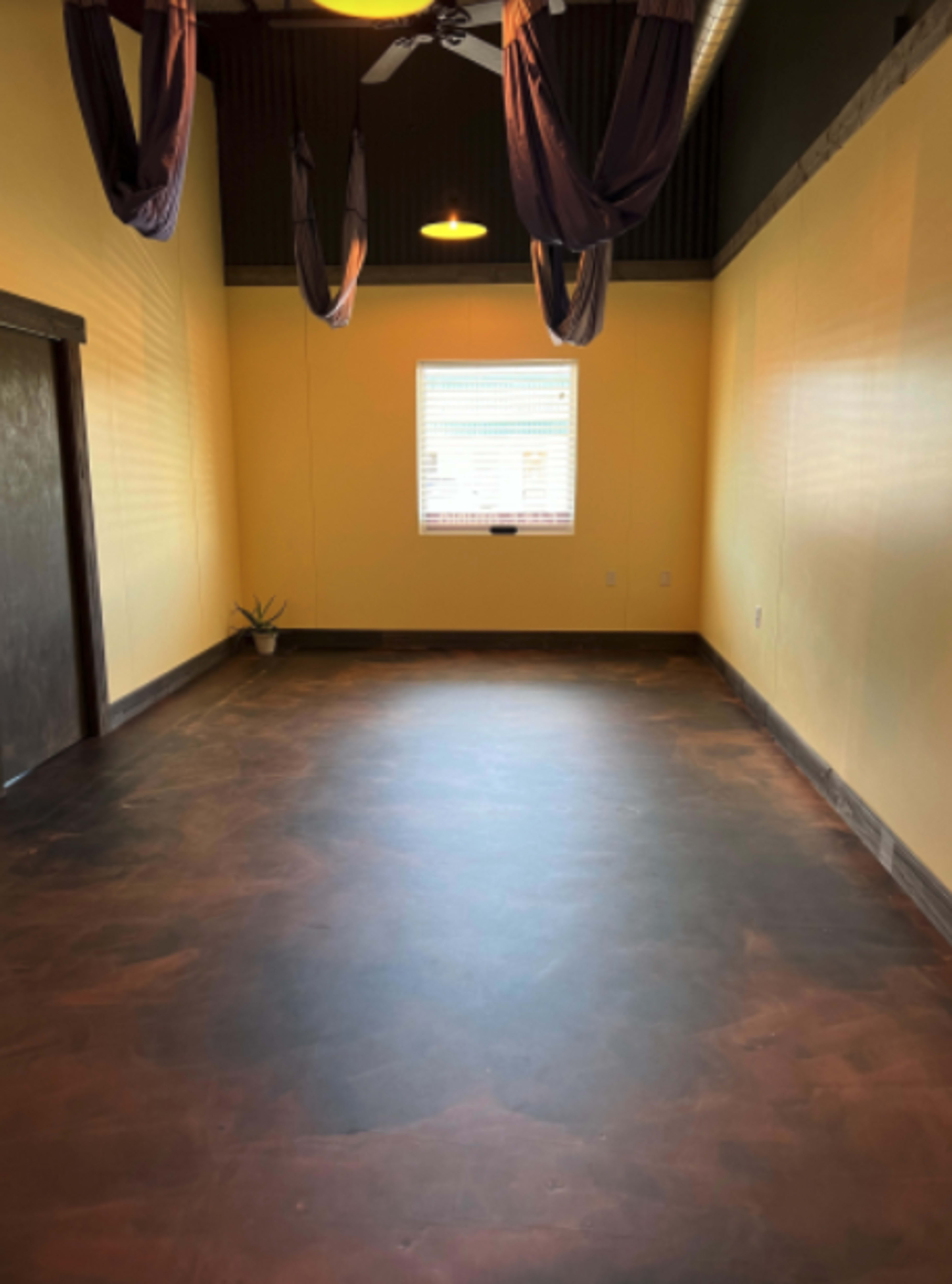 A spacious room with a polished floor, a single window, and two suspended fabric hammocks from the ceiling.