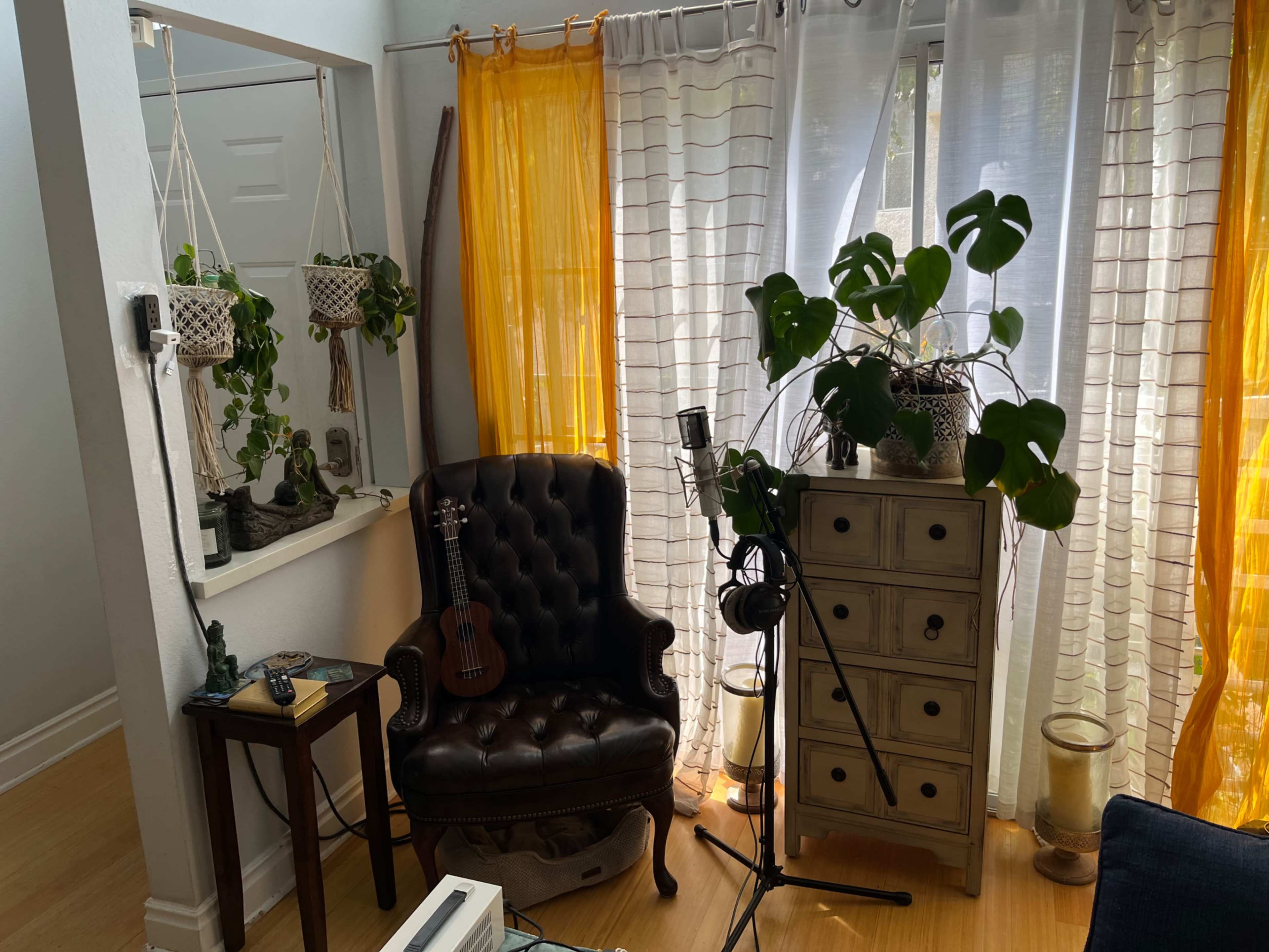 A cozy corner features a brown armchair, a microphone on a stand, a ukulele, and potted plants beside large, sheer yellow and white curtains.