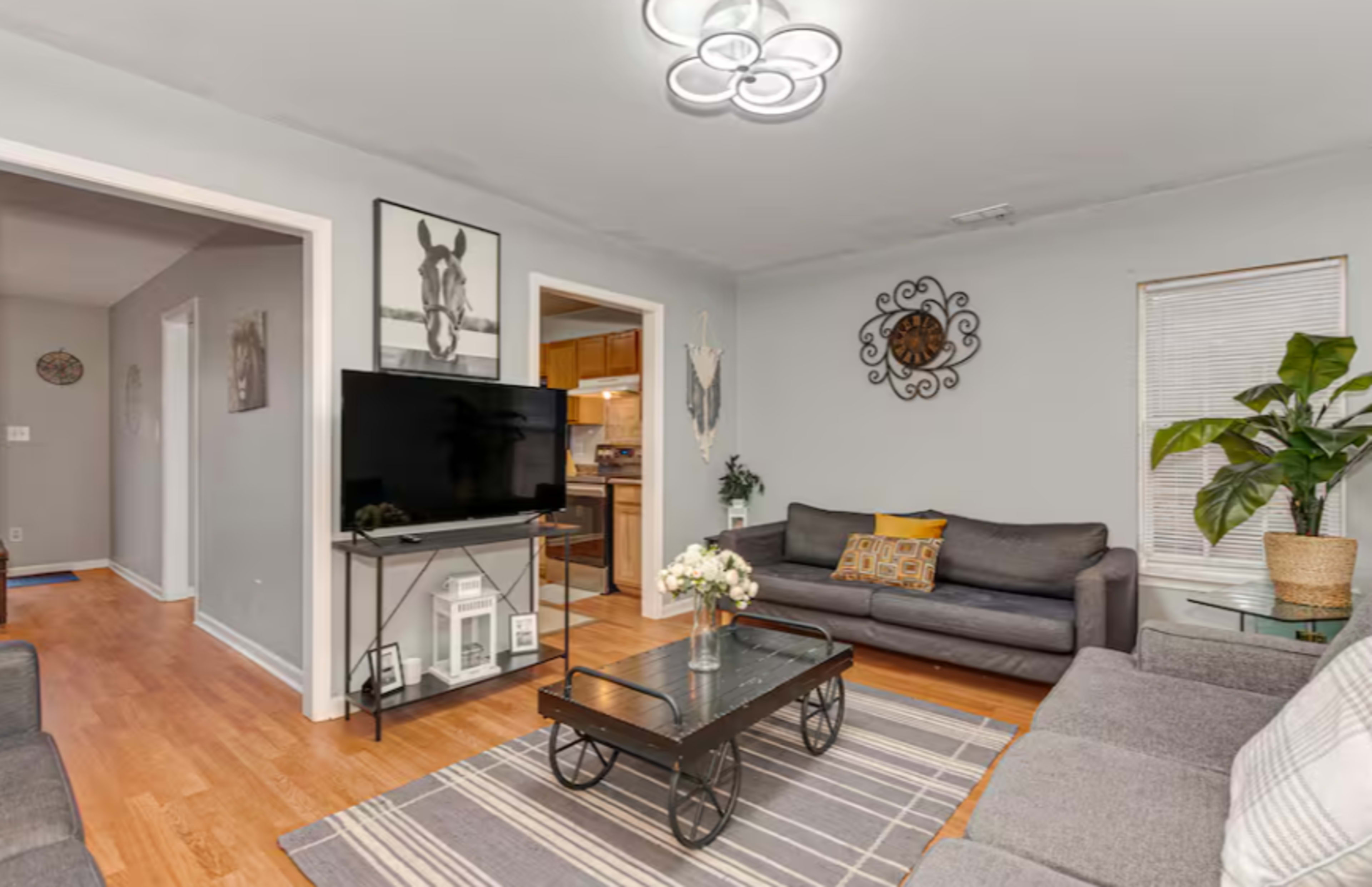 The living room features a television mounted on a wall next to a coffee table, two gray sofas, and a window with a plant beside it.