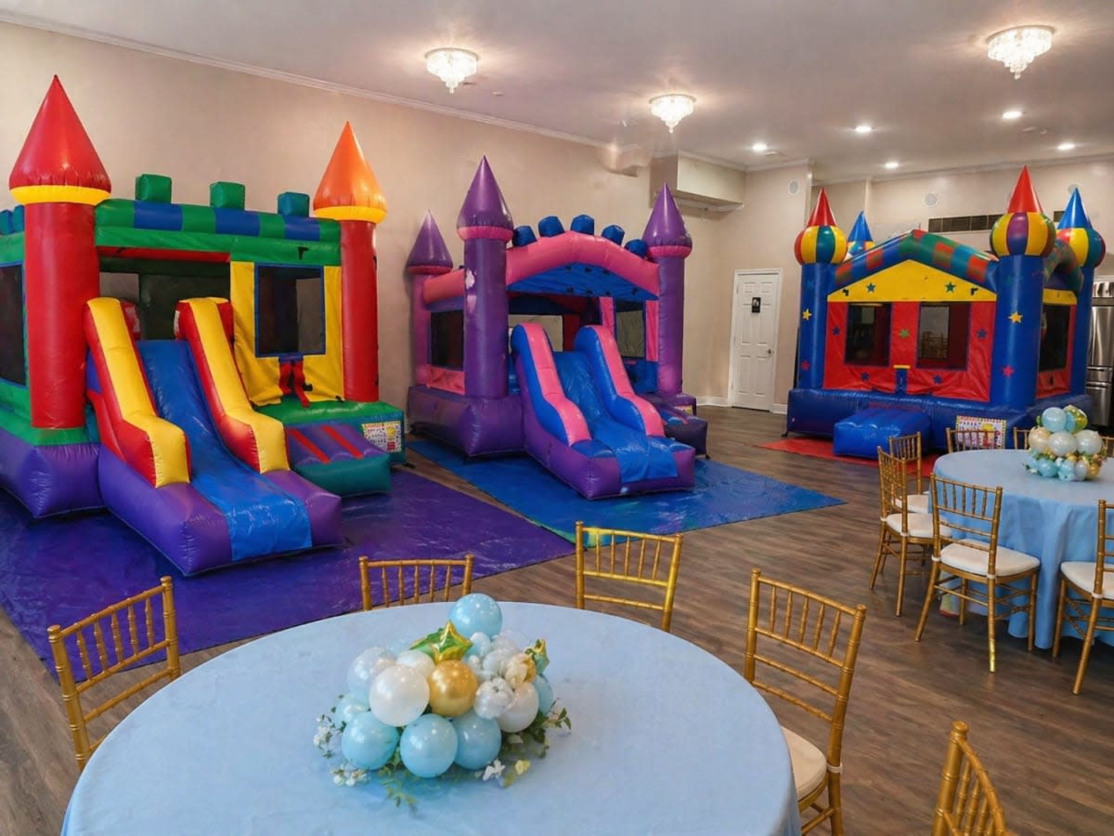 The image shows two colorful bounce houses set up in a large room with gold chairs and round tables decorated with balloons.