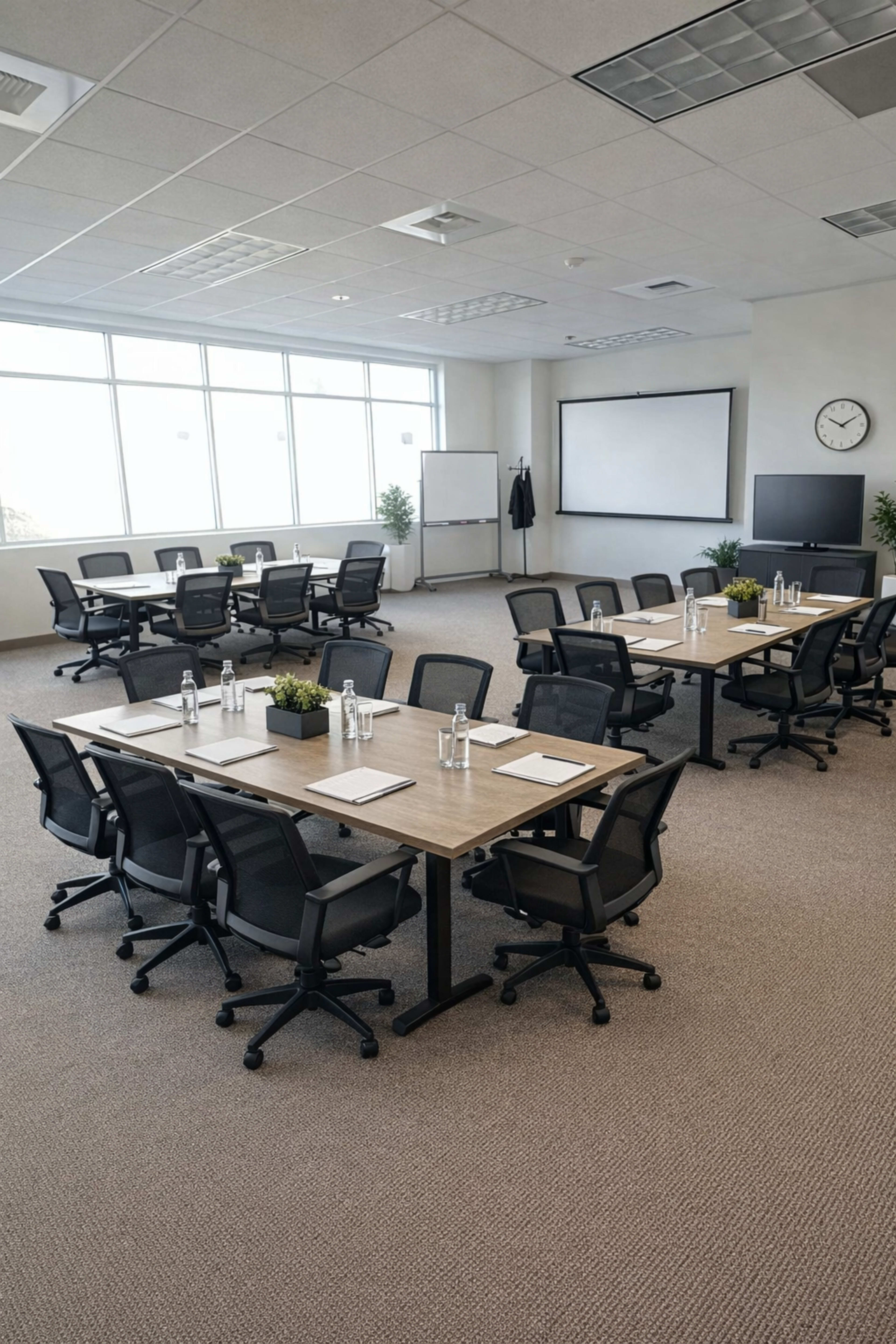 A modern conference room features multiple tables arranged for meetings, surrounded by ergonomic chairs and equipped with writing materials, water bottles, and plants.