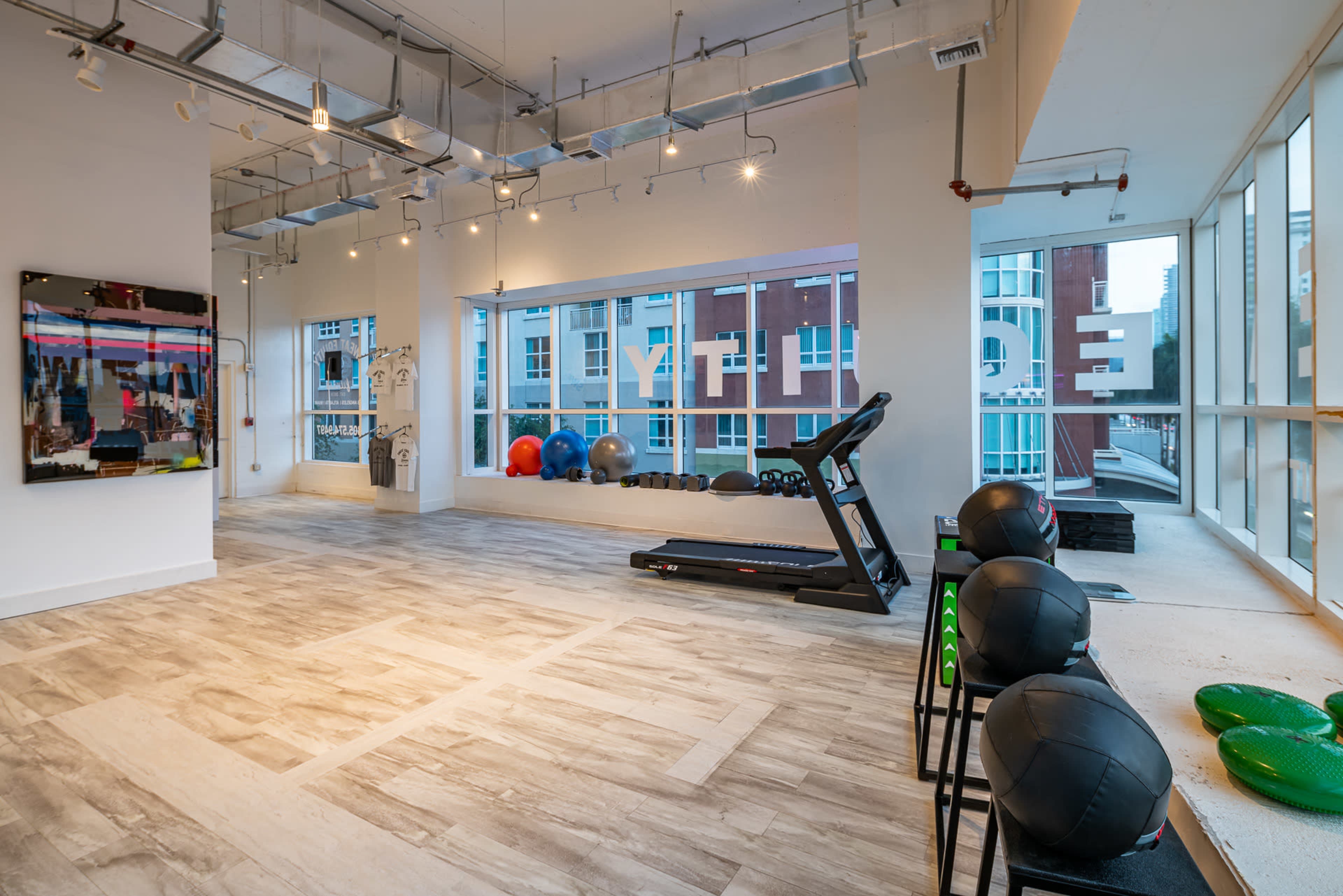 A modern gym with large windows, exercise equipment including a treadmill and medicine balls, and a minimalist design.