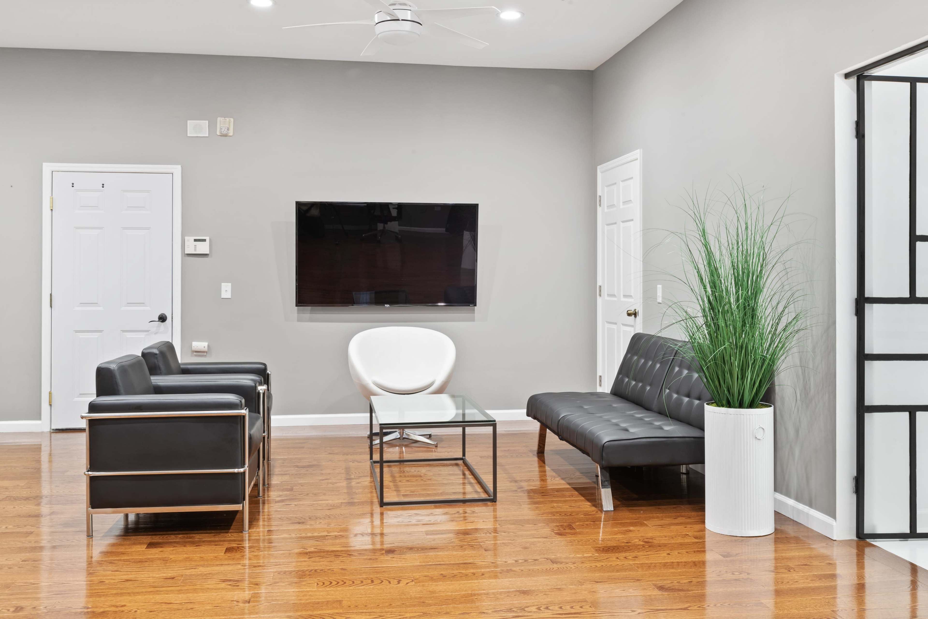 A modern living room features a sleek black sofa, two black chairs, a glass coffee table, a large TV mounted on the wall, and a tall green plant in a white planter.