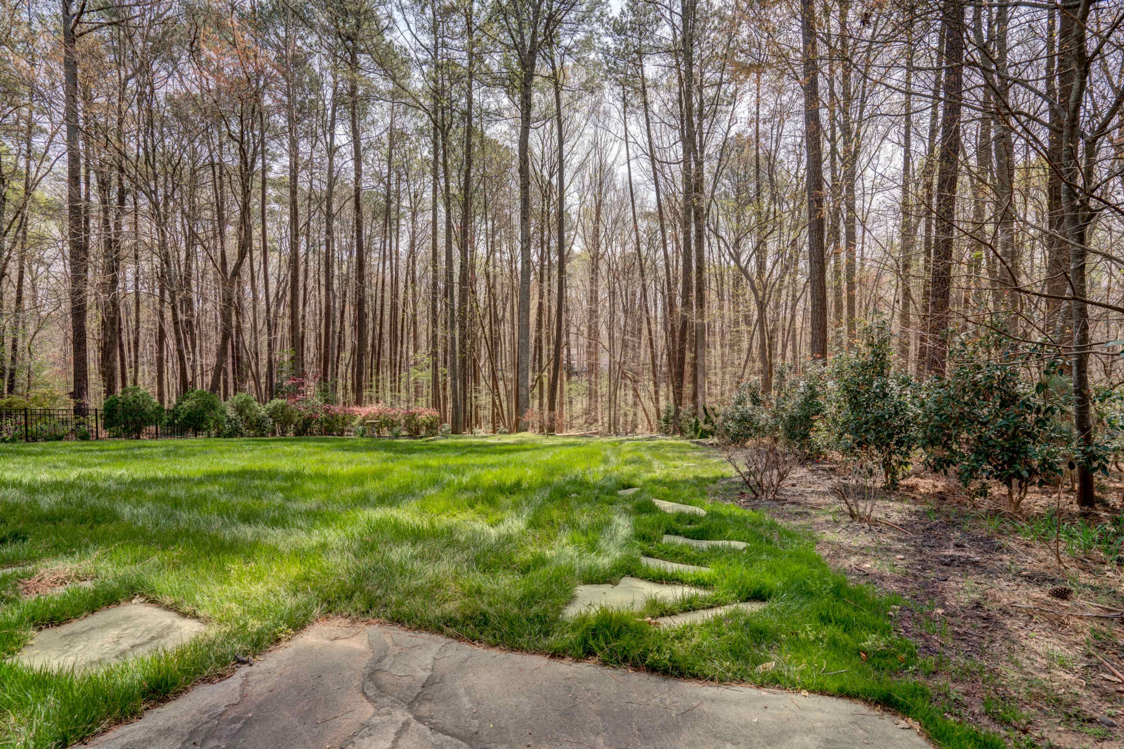 A grassy area with stone pathways leads to a forest of tall trees in the background.