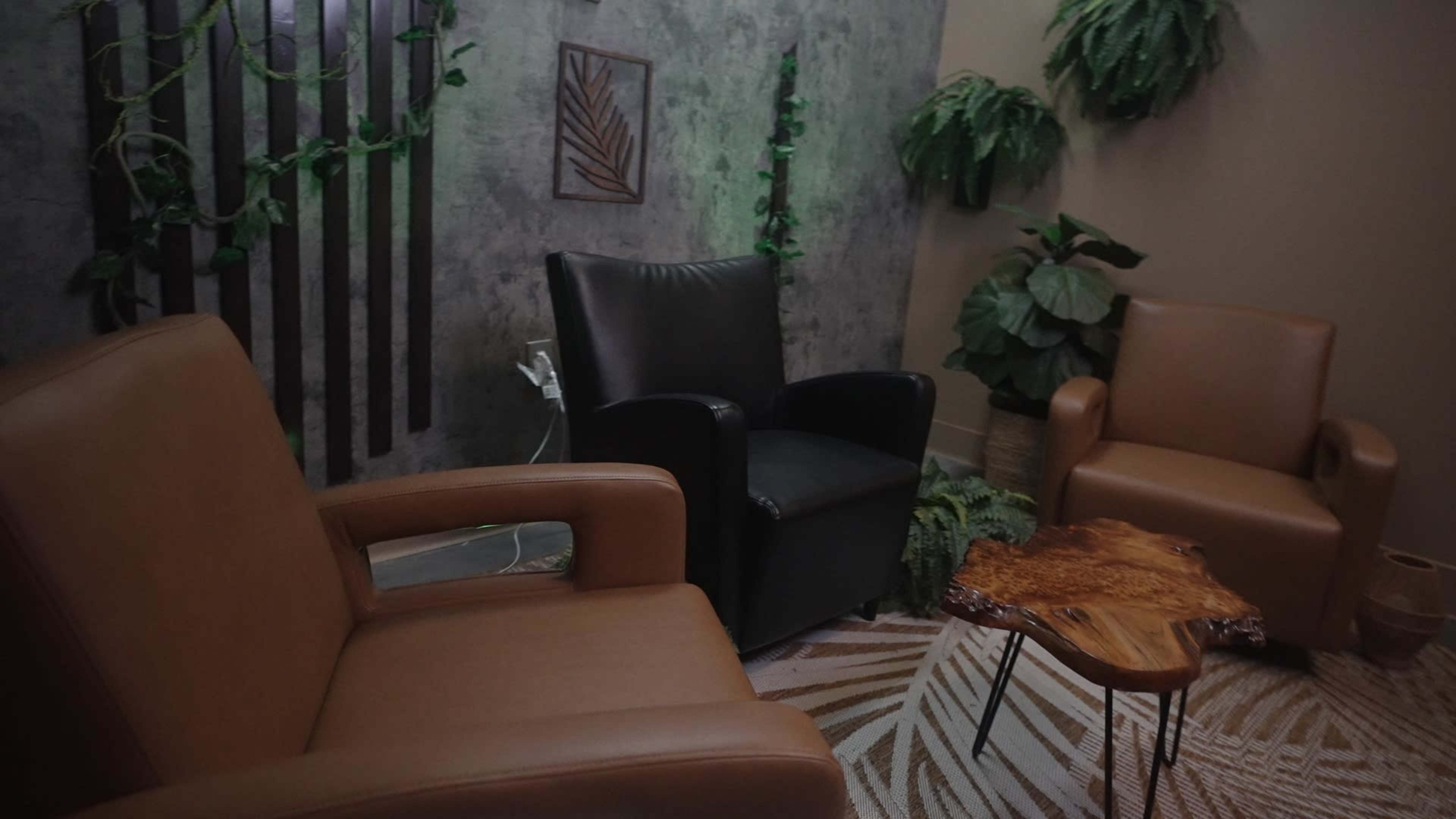 The image shows a small indoor seating area with two armchairs, a wooden coffee table, and potted plants against a textured wall.