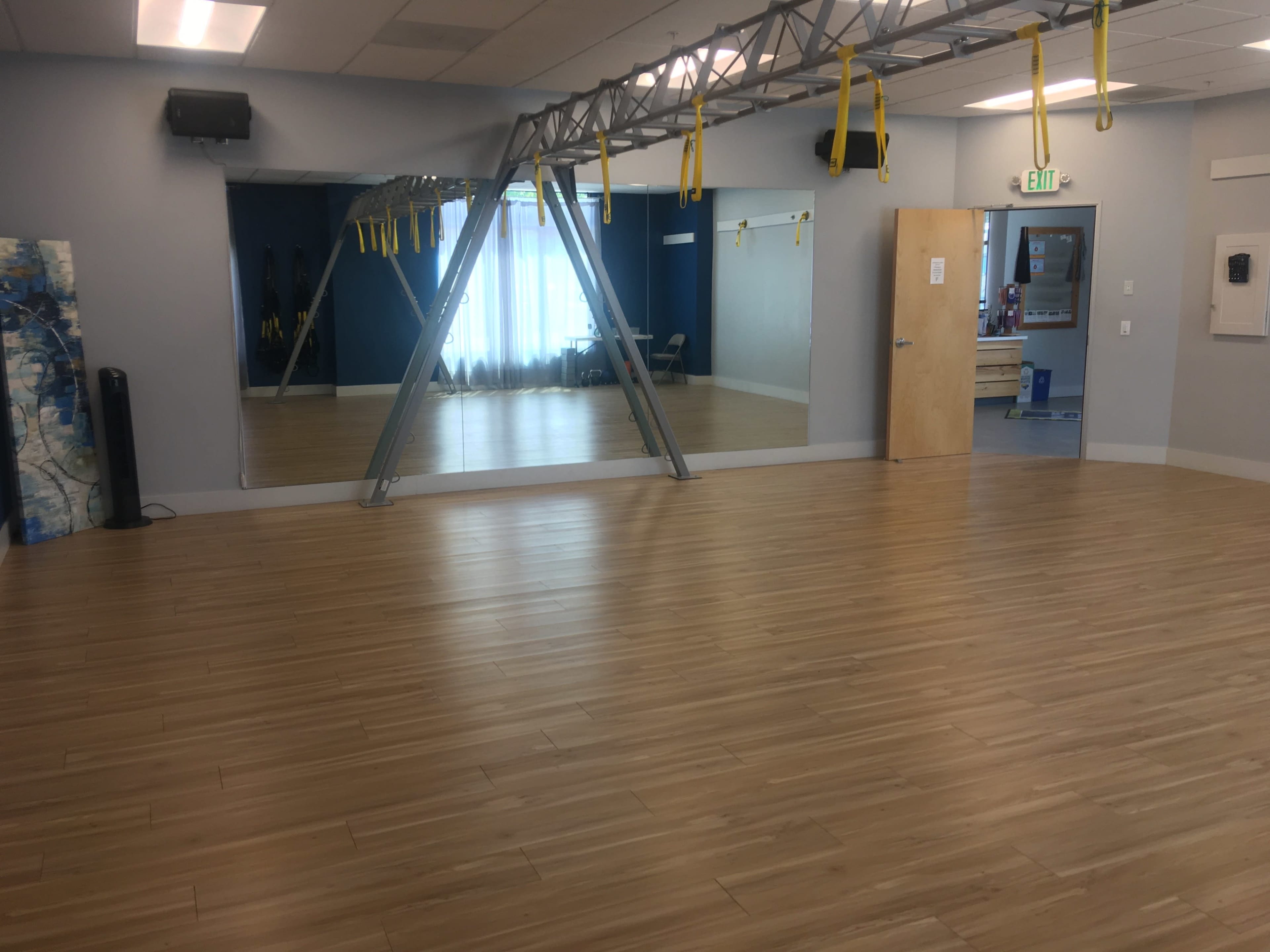 A spacious exercise studio with wooden flooring, equipped with suspension training straps, large mirrors, and natural light filtering through windows.