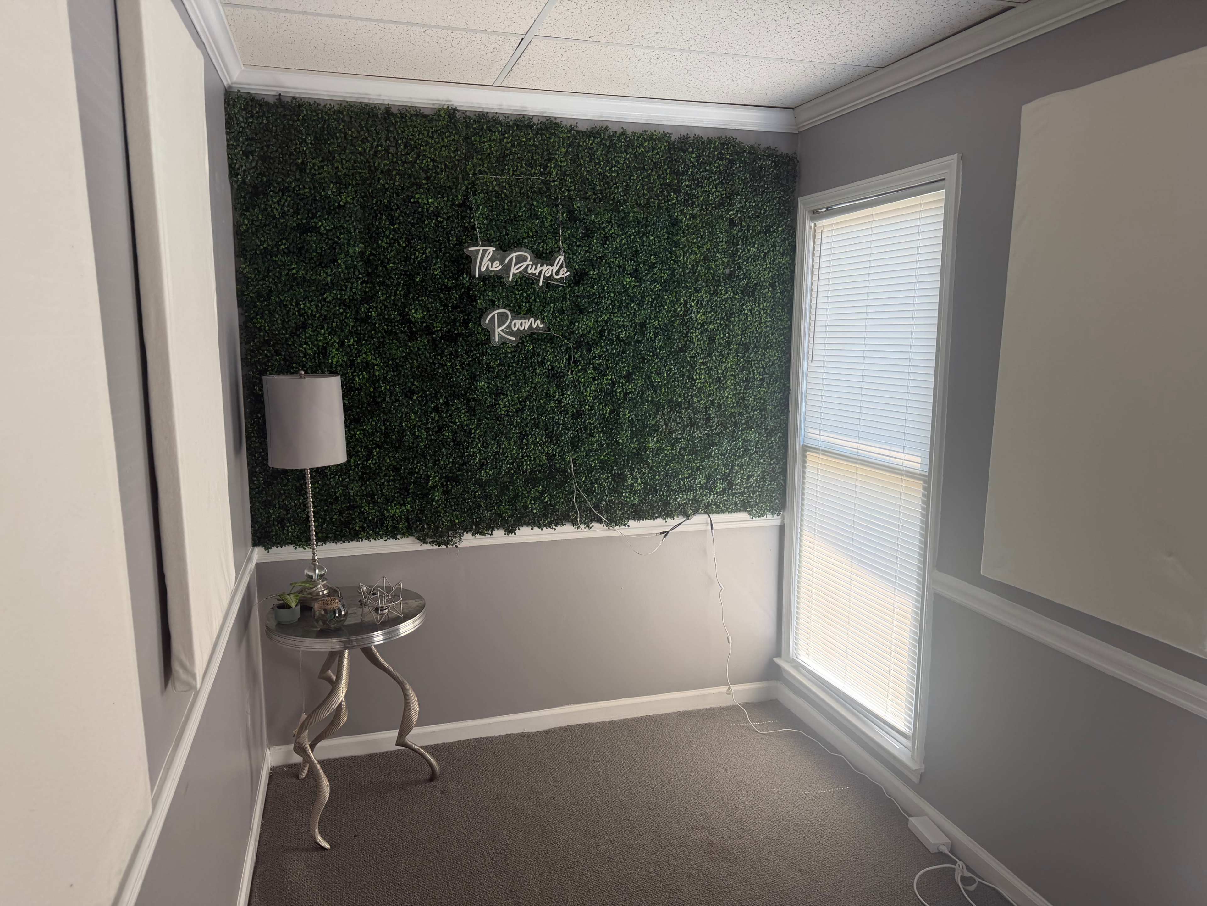 The image shows a small room with a green artificial plant wall, a round side table with a lamp, and a window with light streaming in.