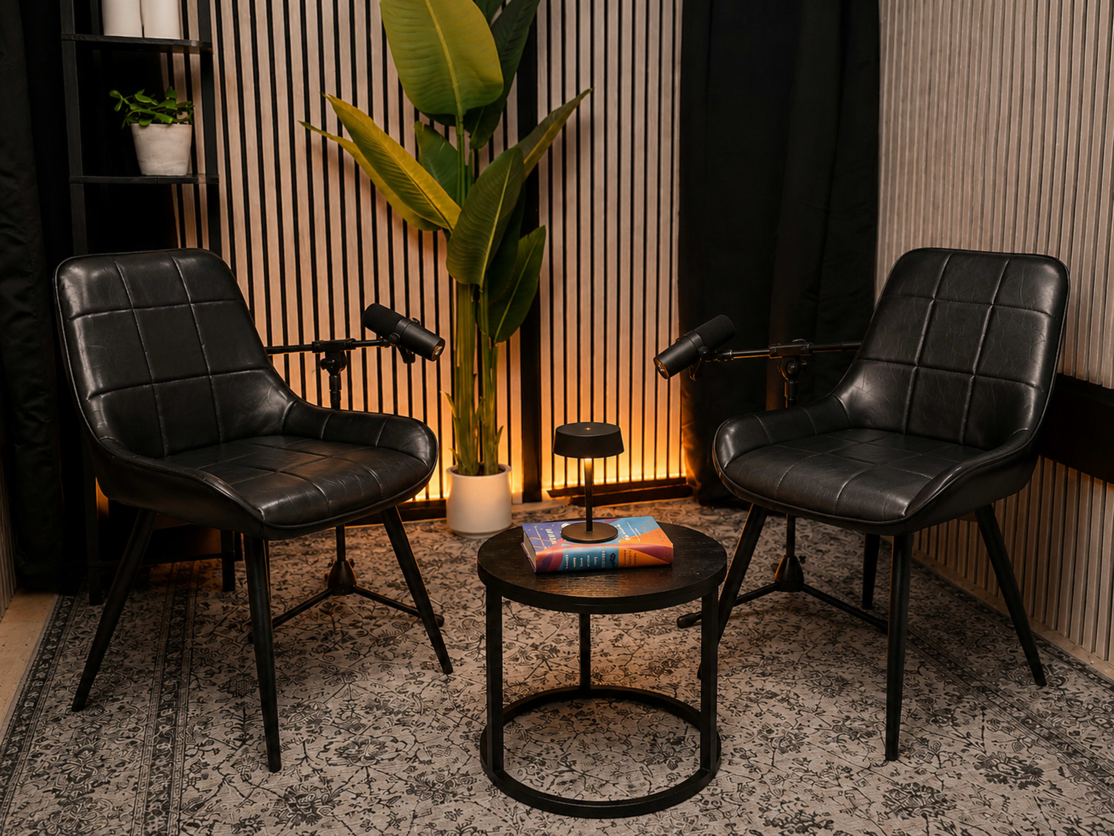 The image features two black chairs with armrests positioned around a small black table, accompanied by a potted plant and framed by vertical wooden slats.