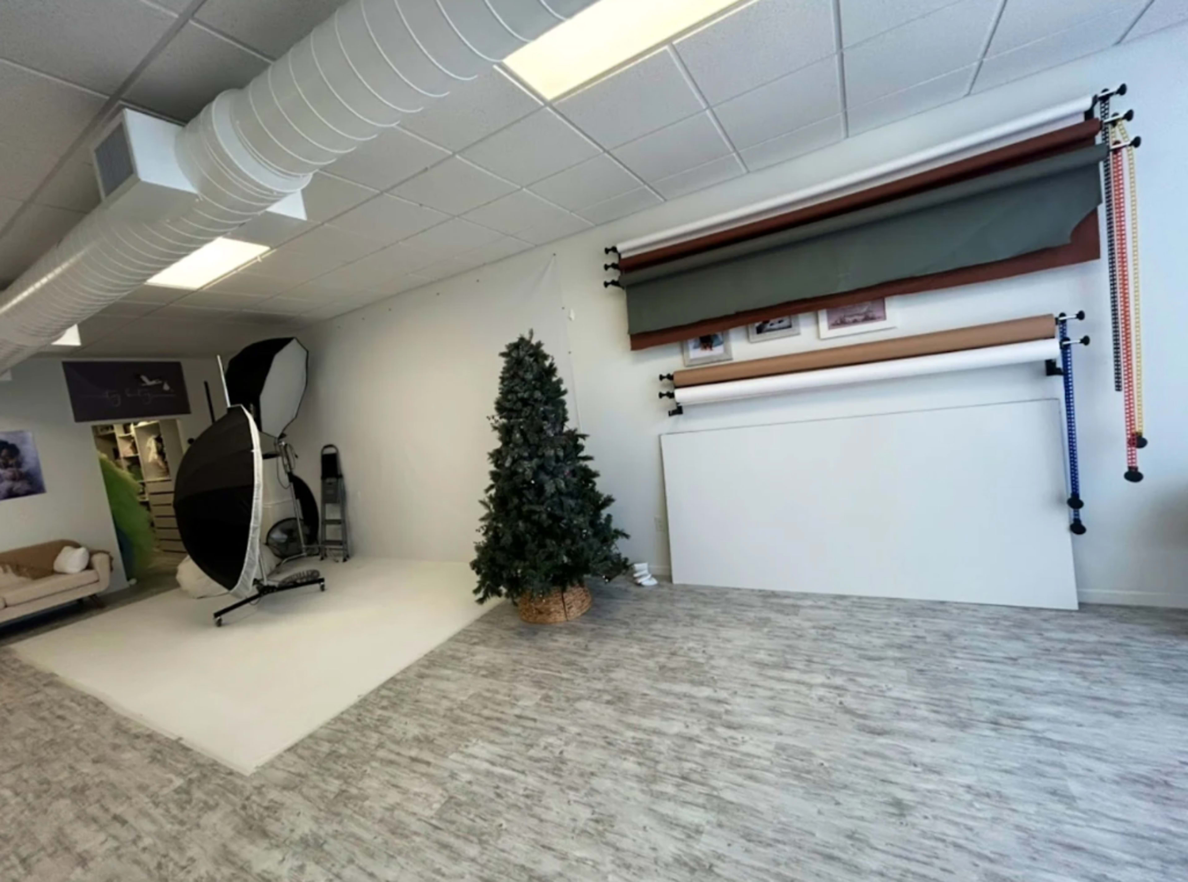 The image shows a photography studio setup featuring a decorated Christmas tree, backdrop rolls, lighting equipment, and a white shooting area.