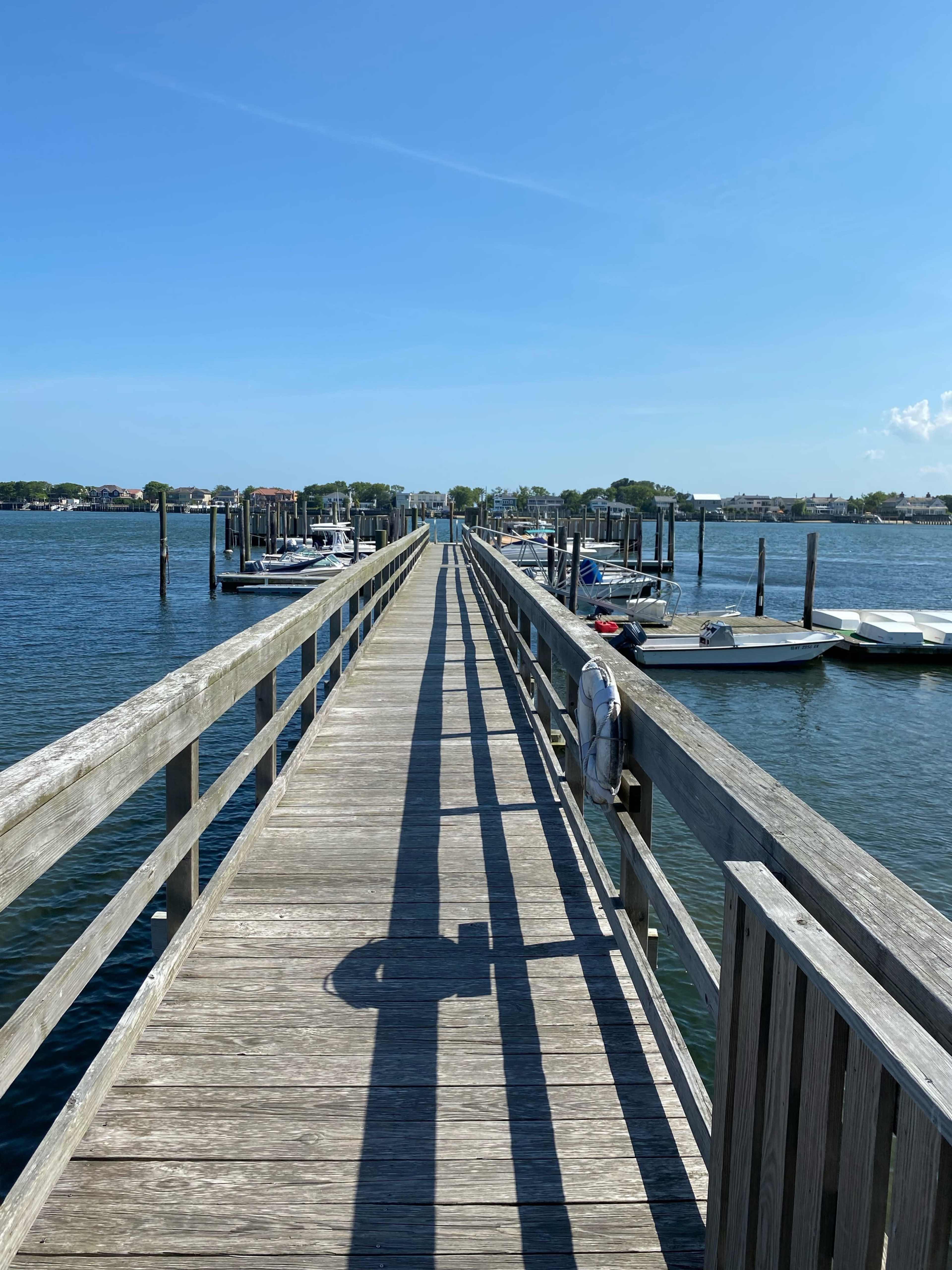A wooden dock extends over the water, lined with boats on either side under a clear blue sky.