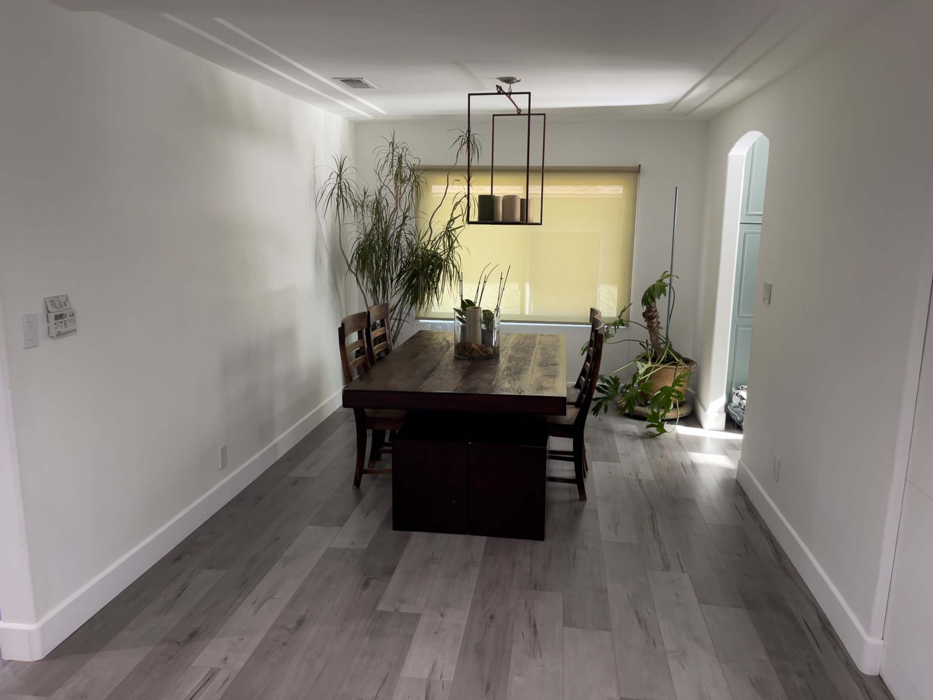 The image shows a dining room with a large wooden table and several chairs, surrounded by plants and a window with a light-colored shade.