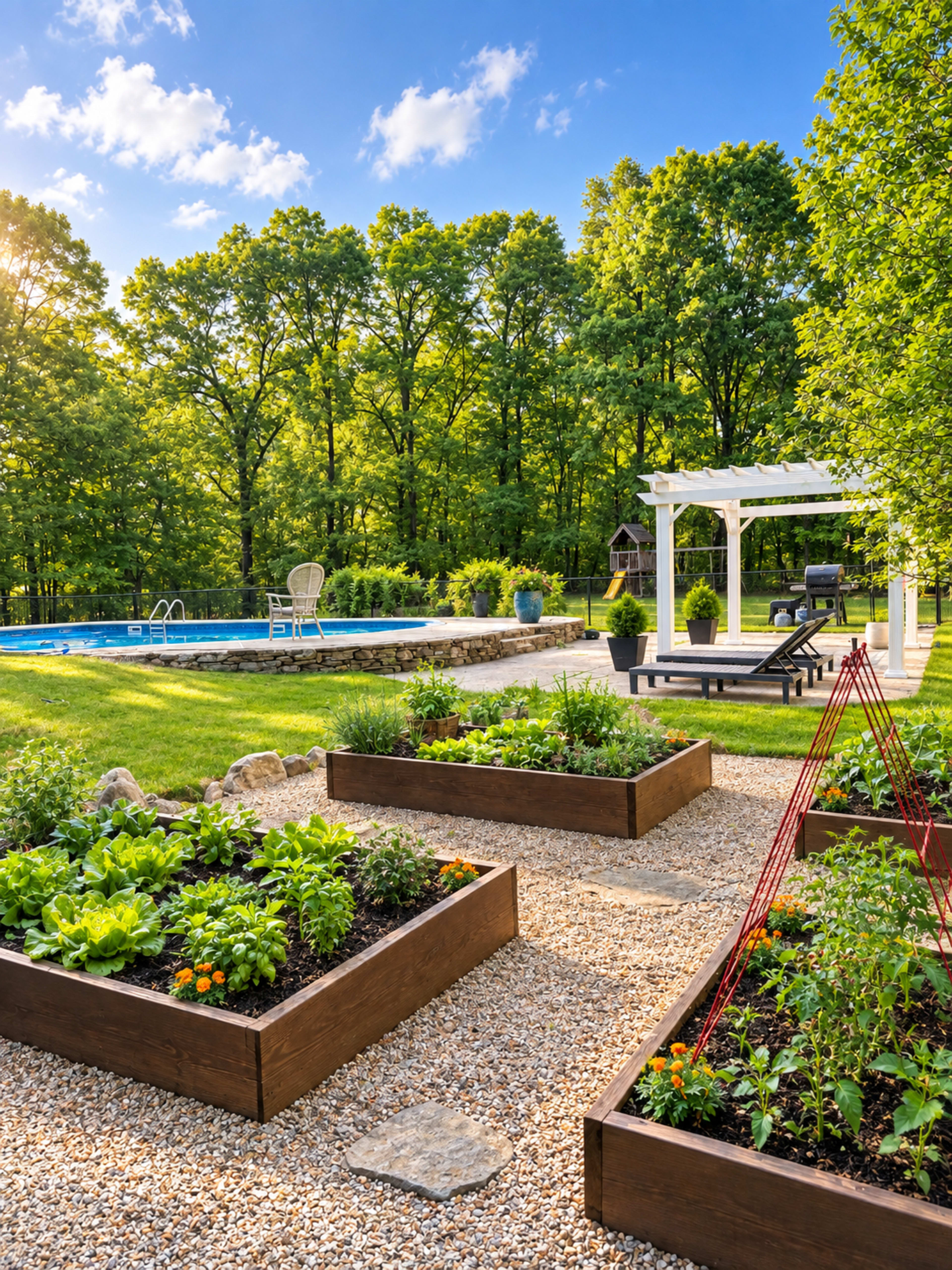 The image features a landscaped backyard with raised garden beds, a swimming pool, and a wooden pergola near trees under a clear blue sky.