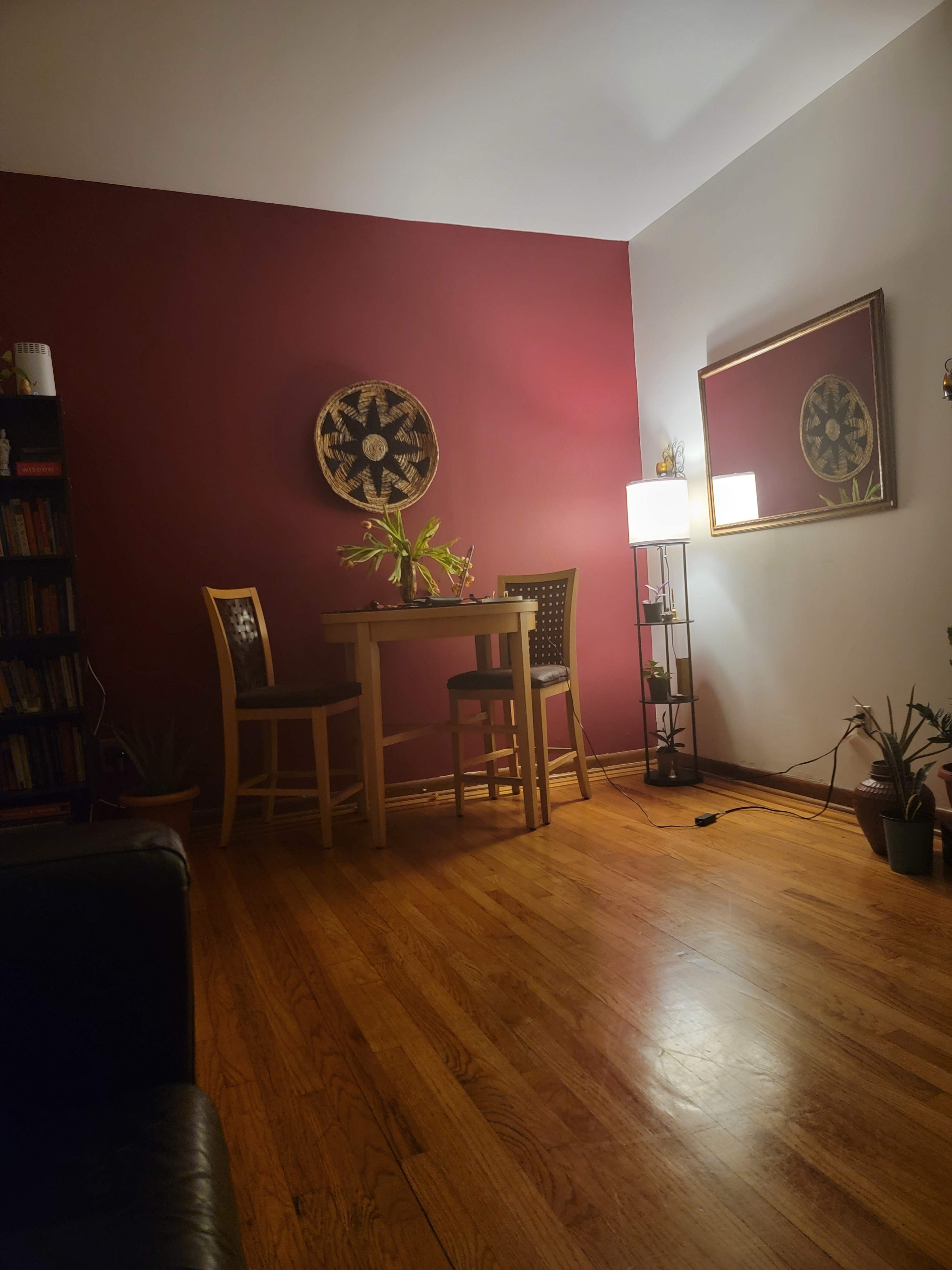A dimly lit room with a small table and two chairs against a red wall, a mirror reflecting light, and a few plants positioned around the space.