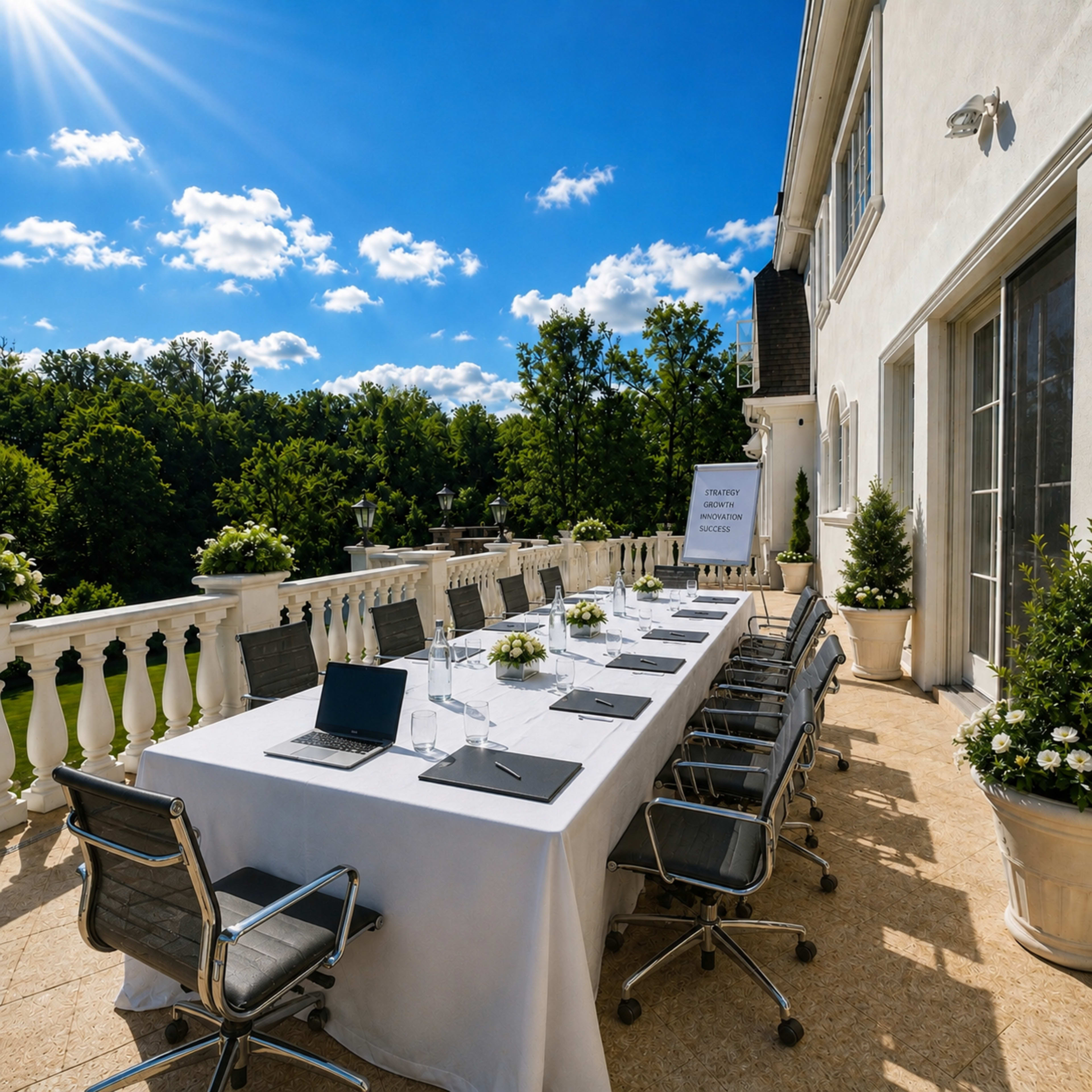 A well-set outdoor meeting space features a long table with chairs and a laptop, surrounded by lush greenery under a blue sky with scattered clouds.