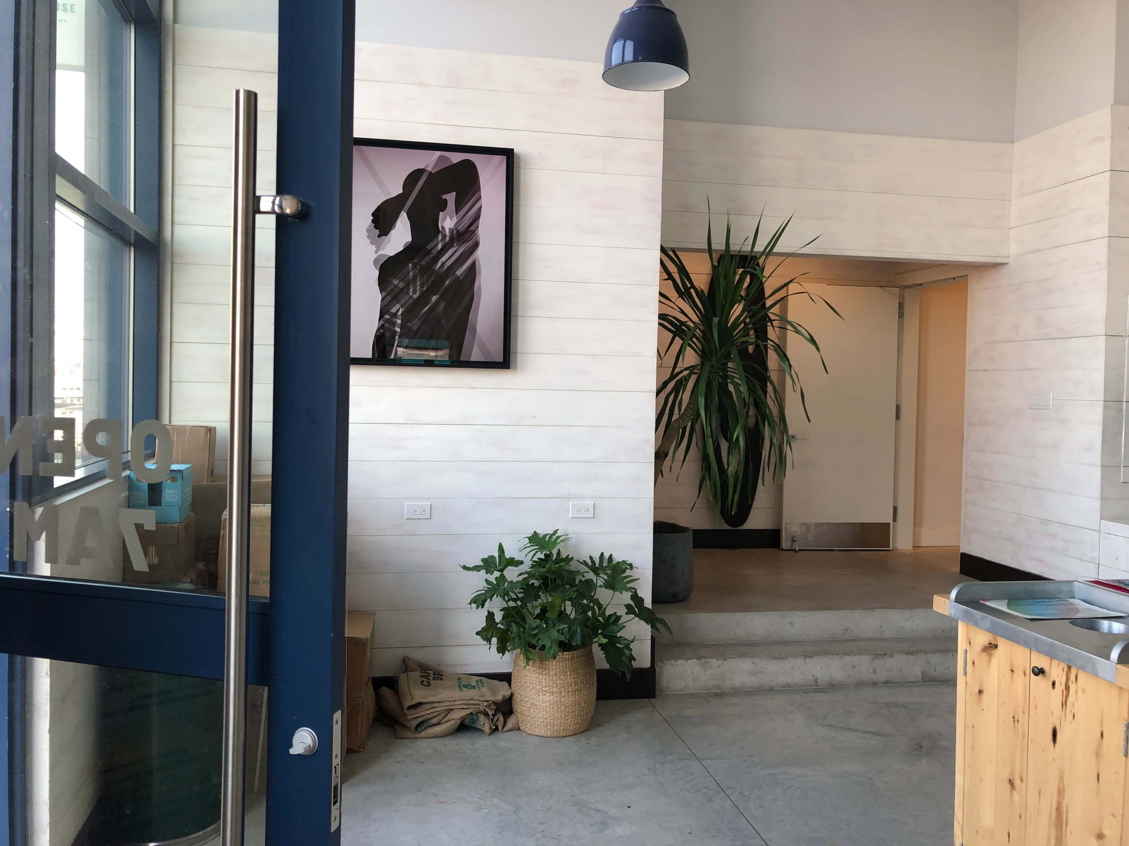 A brightly lit interior space featuring a doorway, a framed artwork on the wall, a large potted plant, and a counter made of wood.