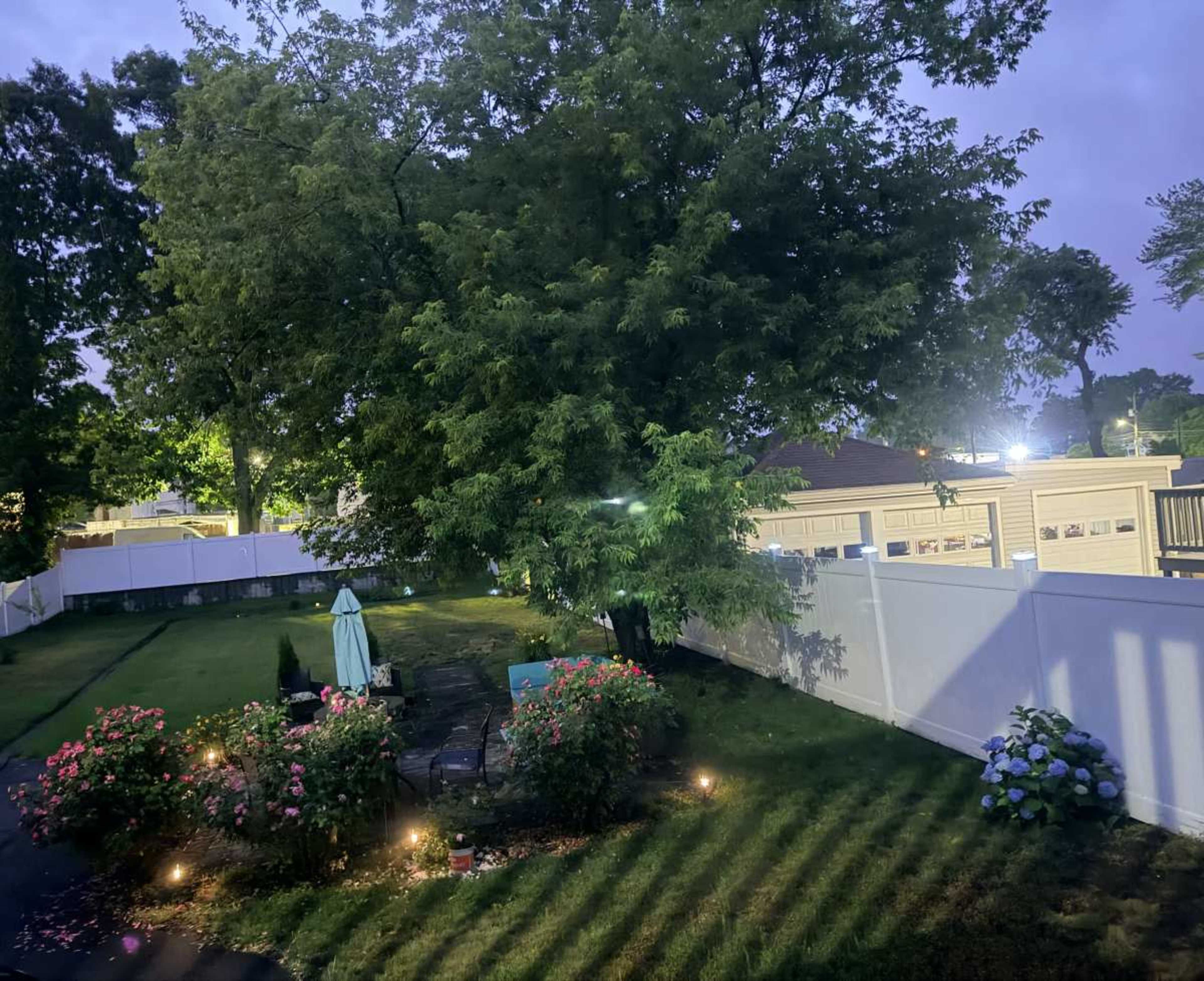 The scene features a garden with blooming flowers, a green lawn, and a large tree under twilight, surrounded by a white fence.
