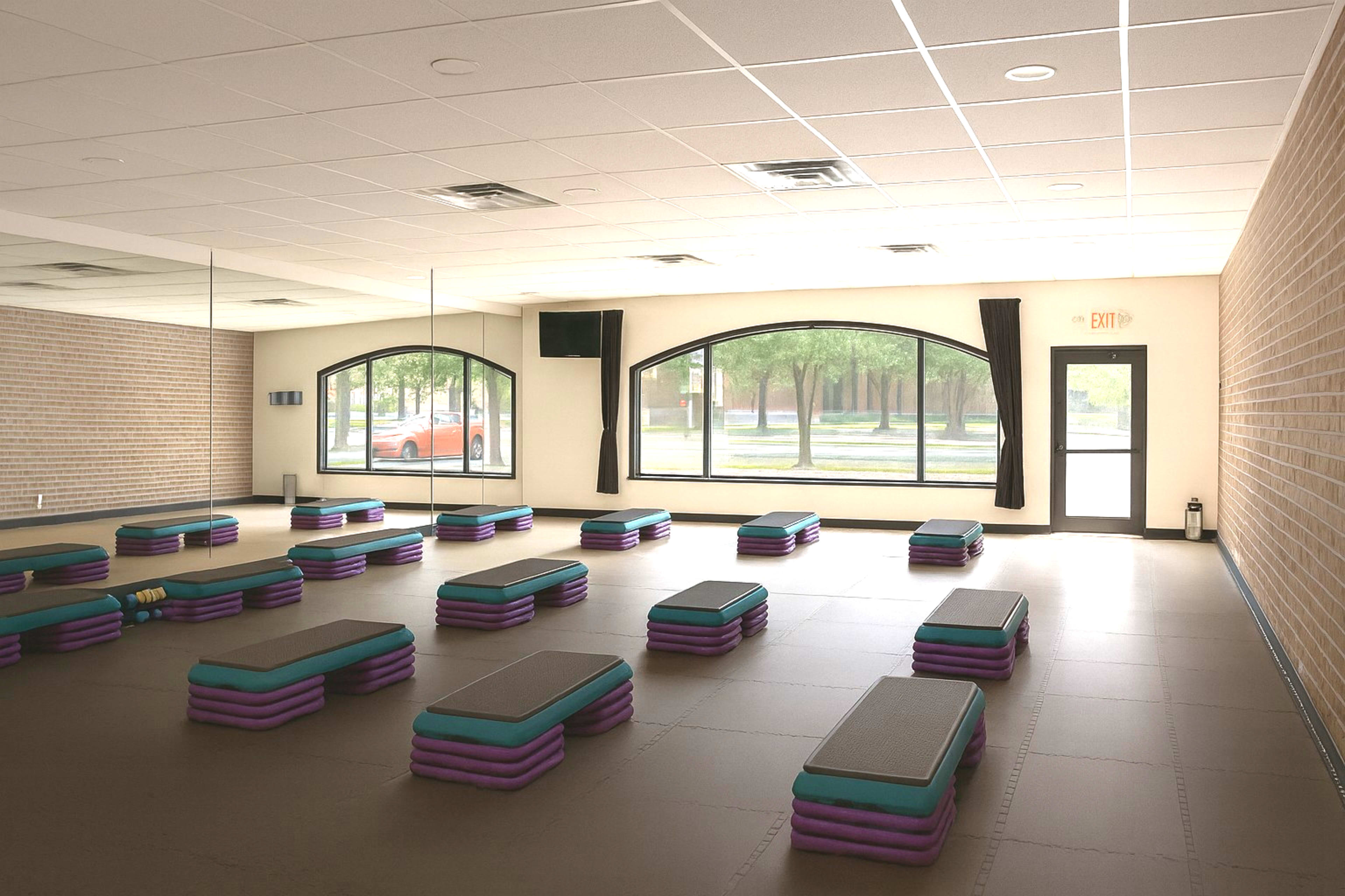 The image shows a fitness studio with multiple step platforms arranged on a brown mat, large windows letting in natural light, and a view of trees outside.