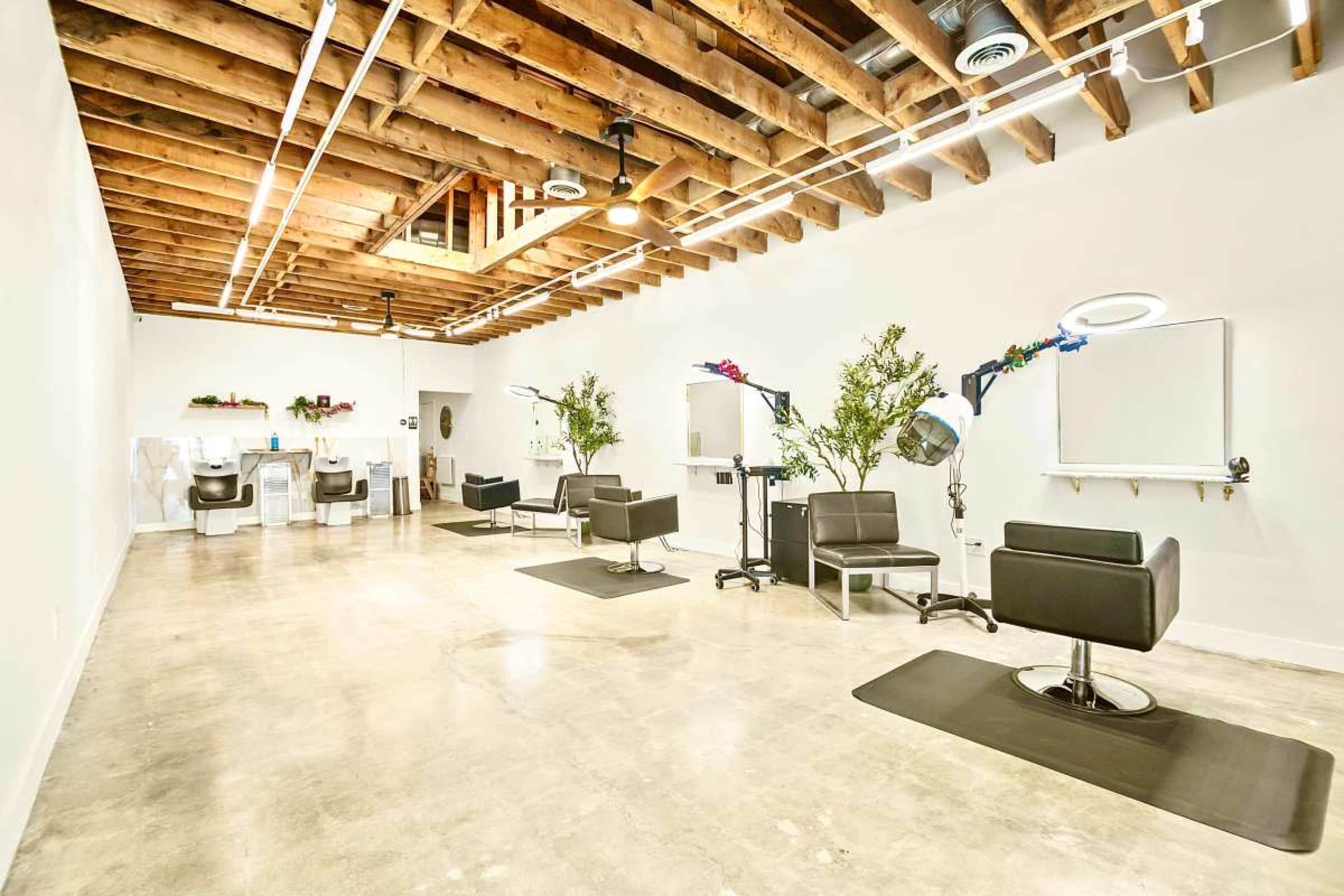 The image shows a modern hair salon with several stylist chairs, mirrors, and plants, set against a backdrop of exposed wooden beams and polished concrete floors.
