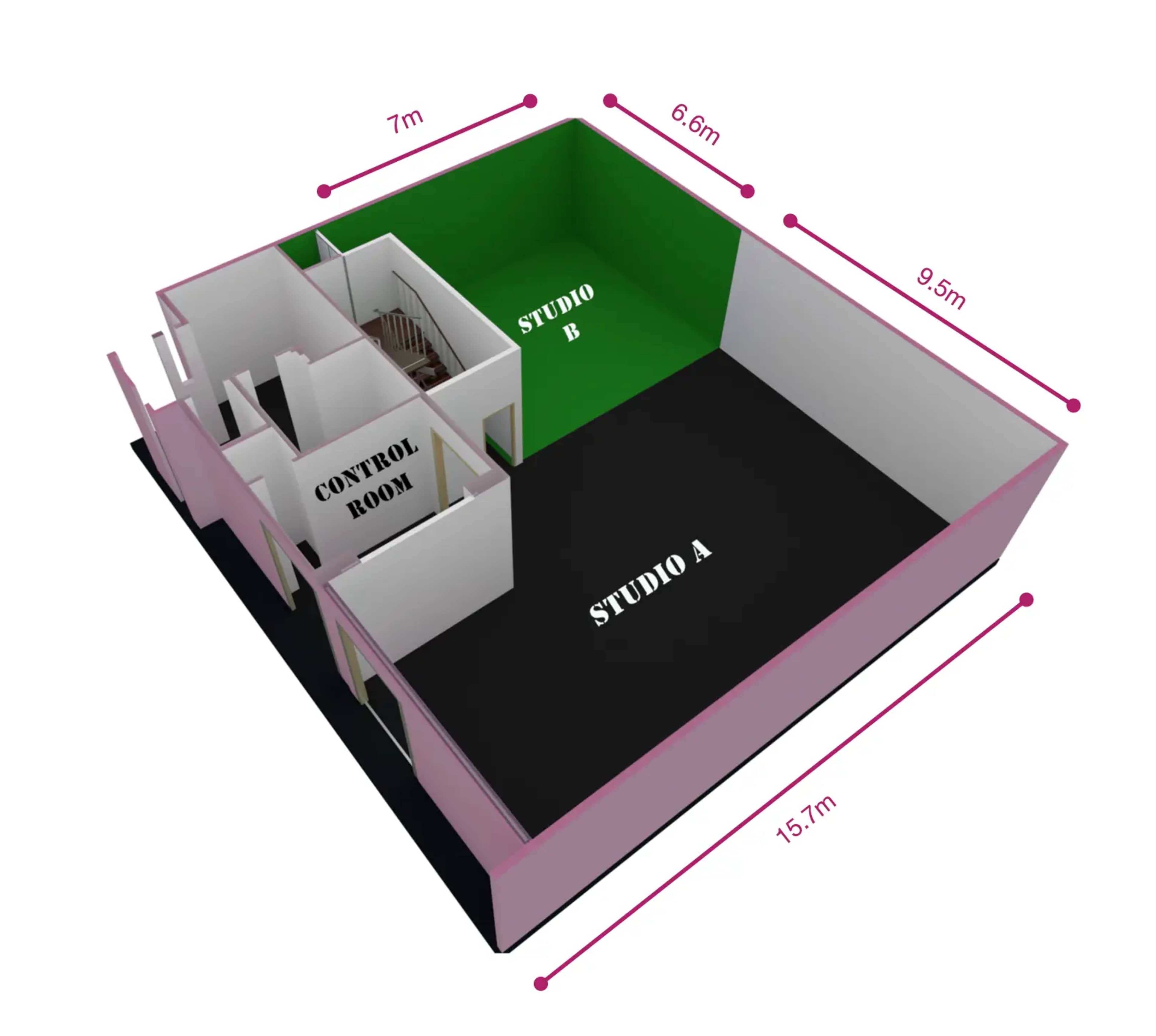 A floor plan of a studio layout with dimensions labeled for Studio A, Studio B, a control room, and overall room measurements.