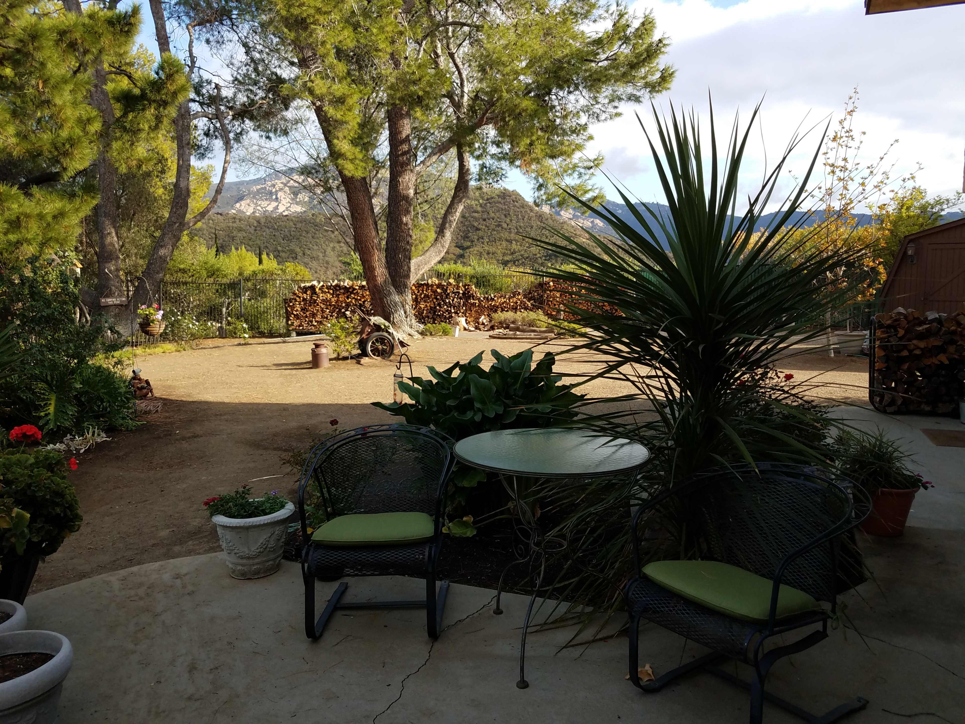 A patio area features green chairs and a small table, surrounded by various plants and leading to a scenic view of a wooded landscape in the background.