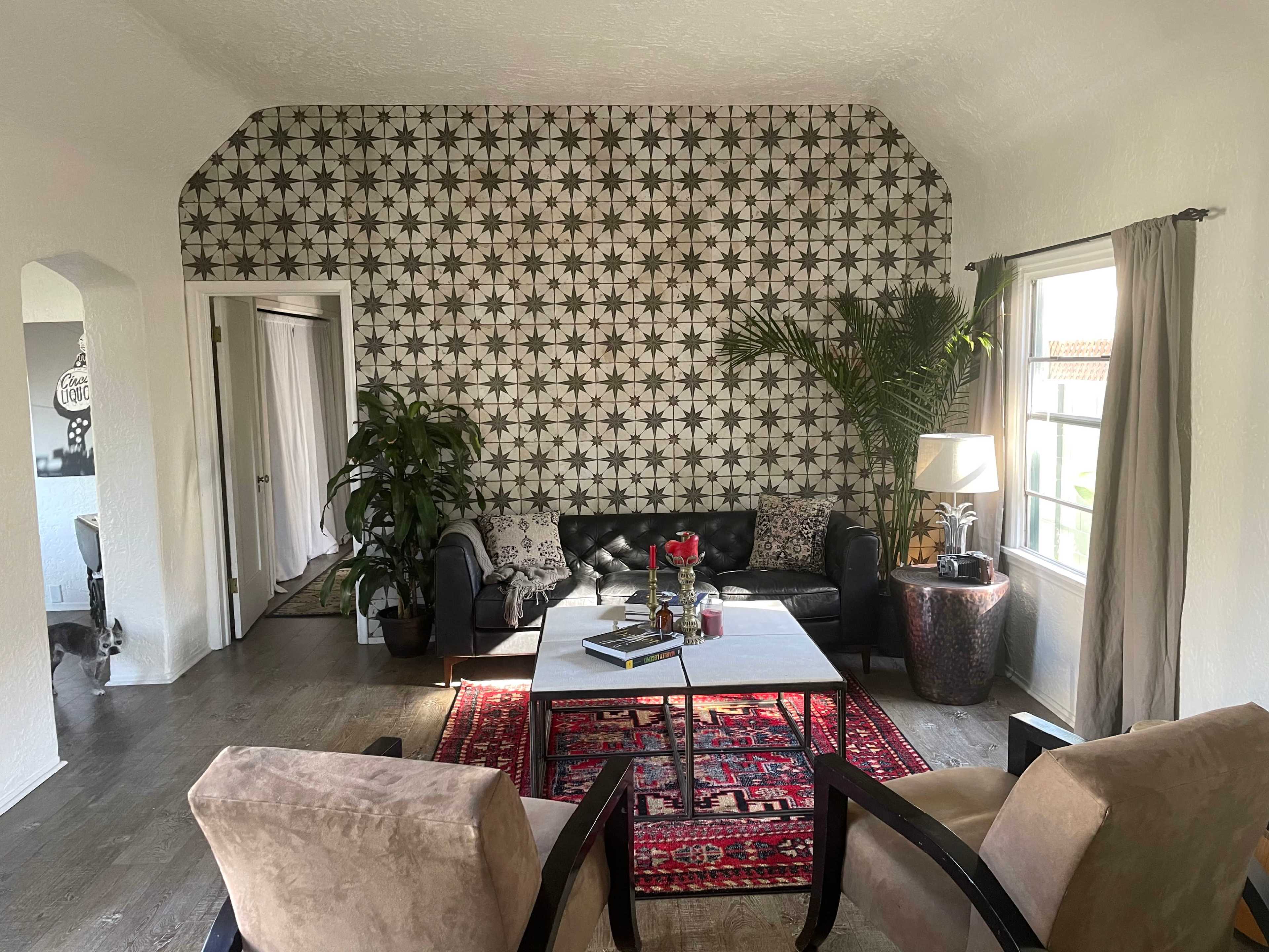 A living room features a black and white star-patterned accent wall, a dark sofa, two beige armchairs, a coffee table with decor, and a large potted plant.