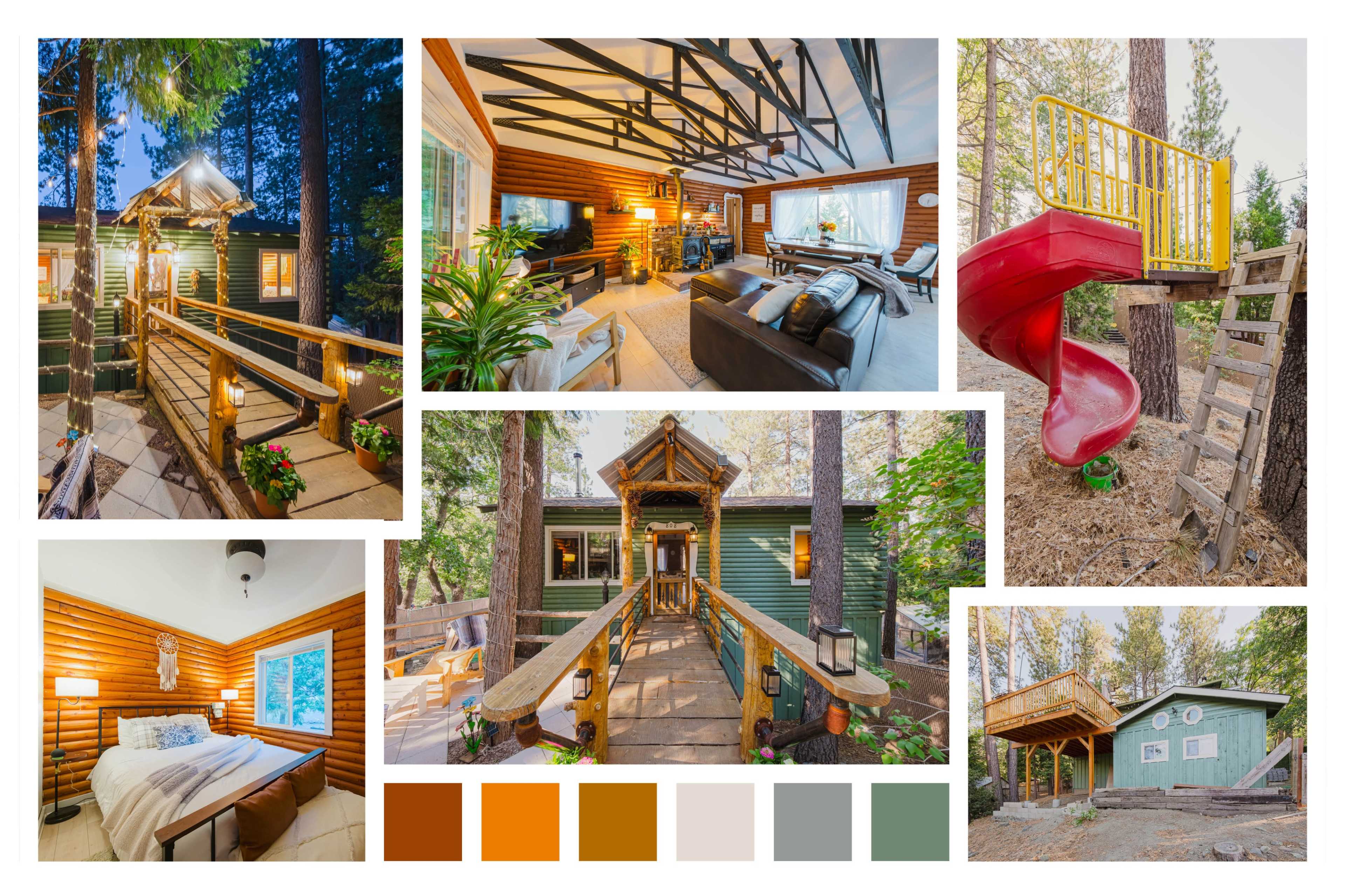 A cozy cabin surrounded by trees, showcasing various interior and exterior views, including a living area, bedroom, and a children's slide on a playground.