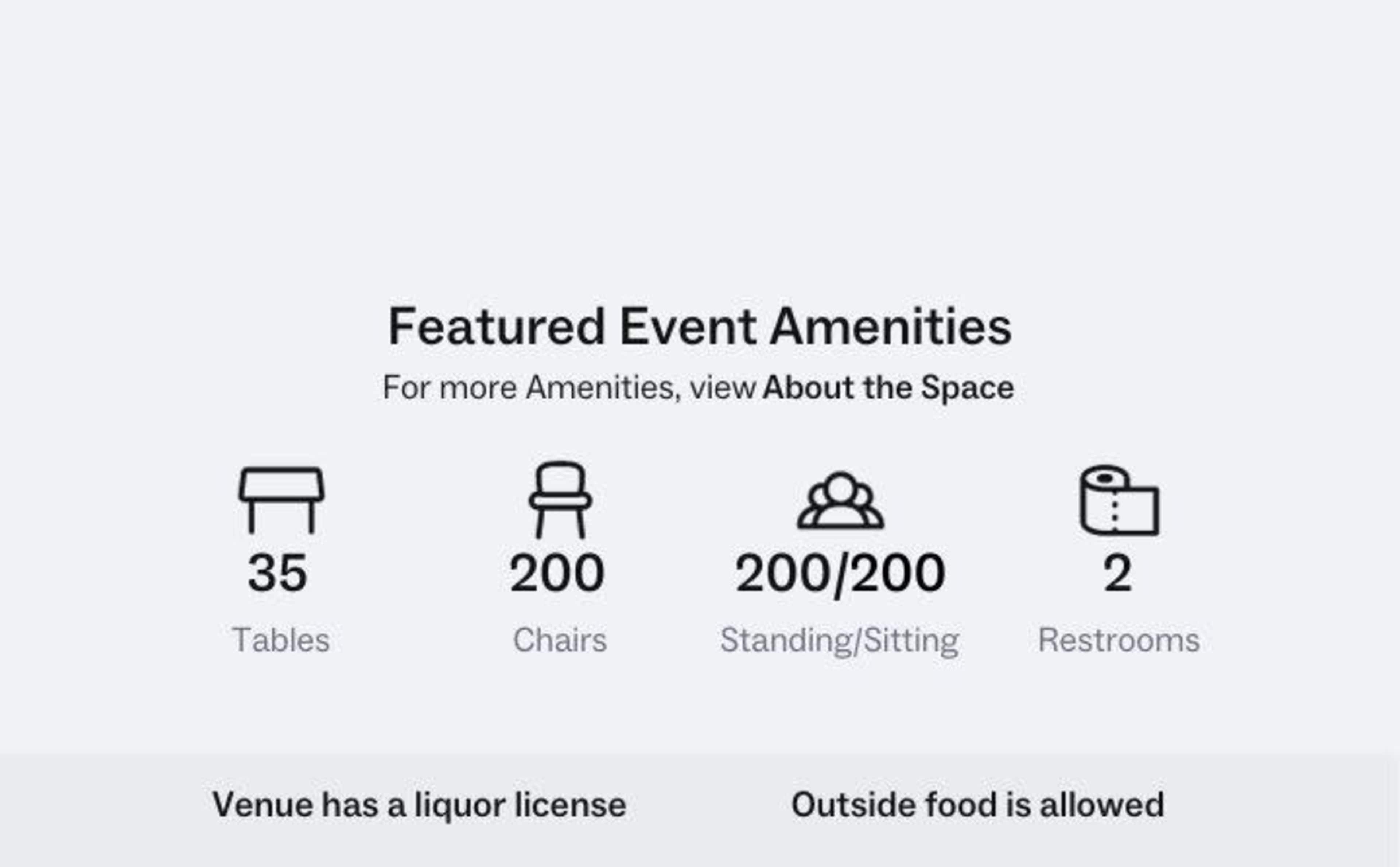 A summary of featured event amenities, including 35 tables, 200 chairs, standing/sitting capacity for 200, and 2 restrooms, along with notes about a liquor license and allowance for outside food.