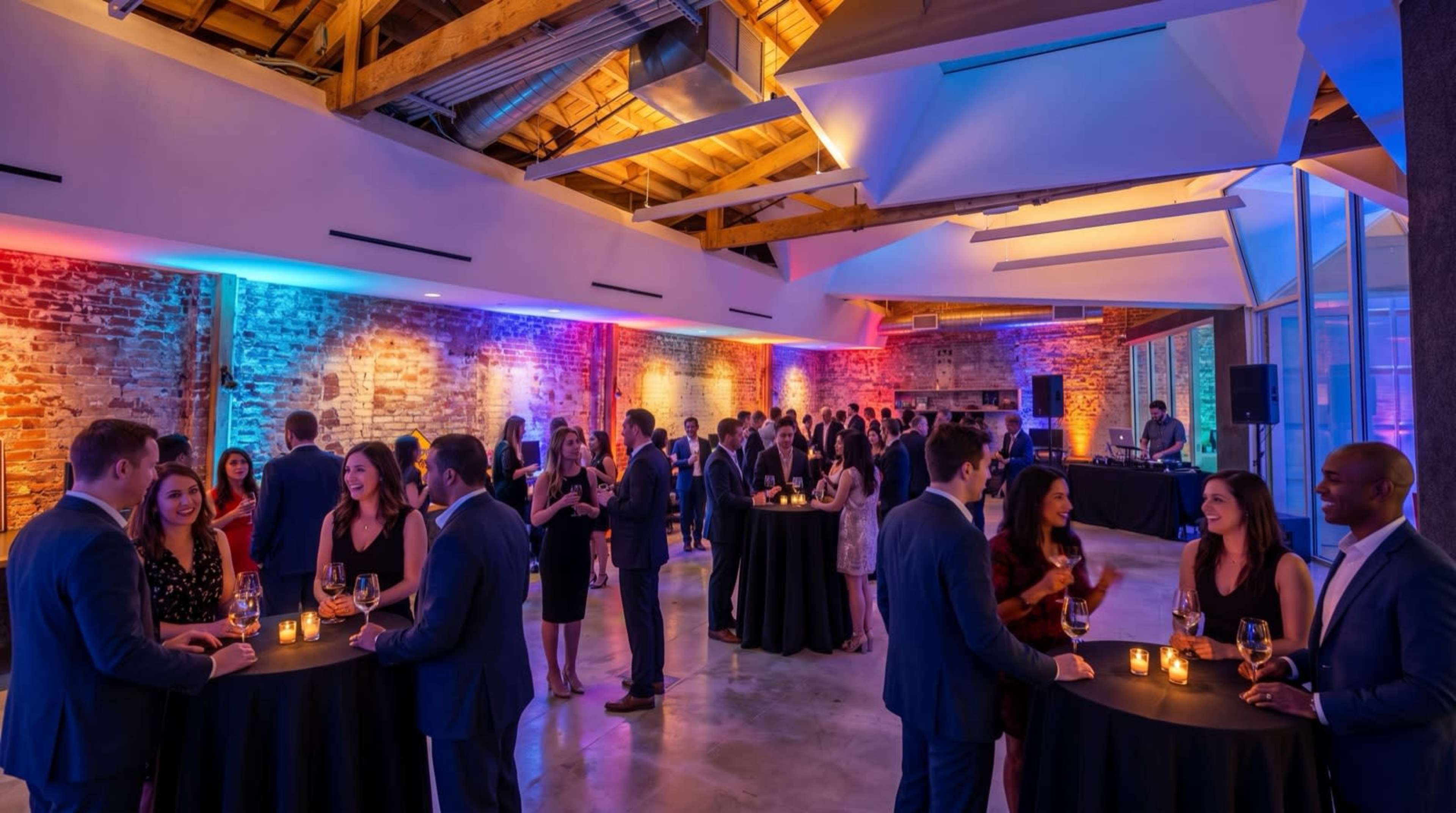 A lively gathering takes place in a spacious venue with people socializing around cocktail tables, illuminated by colorful lighting and featuring exposed brick walls and a DJ in the background.