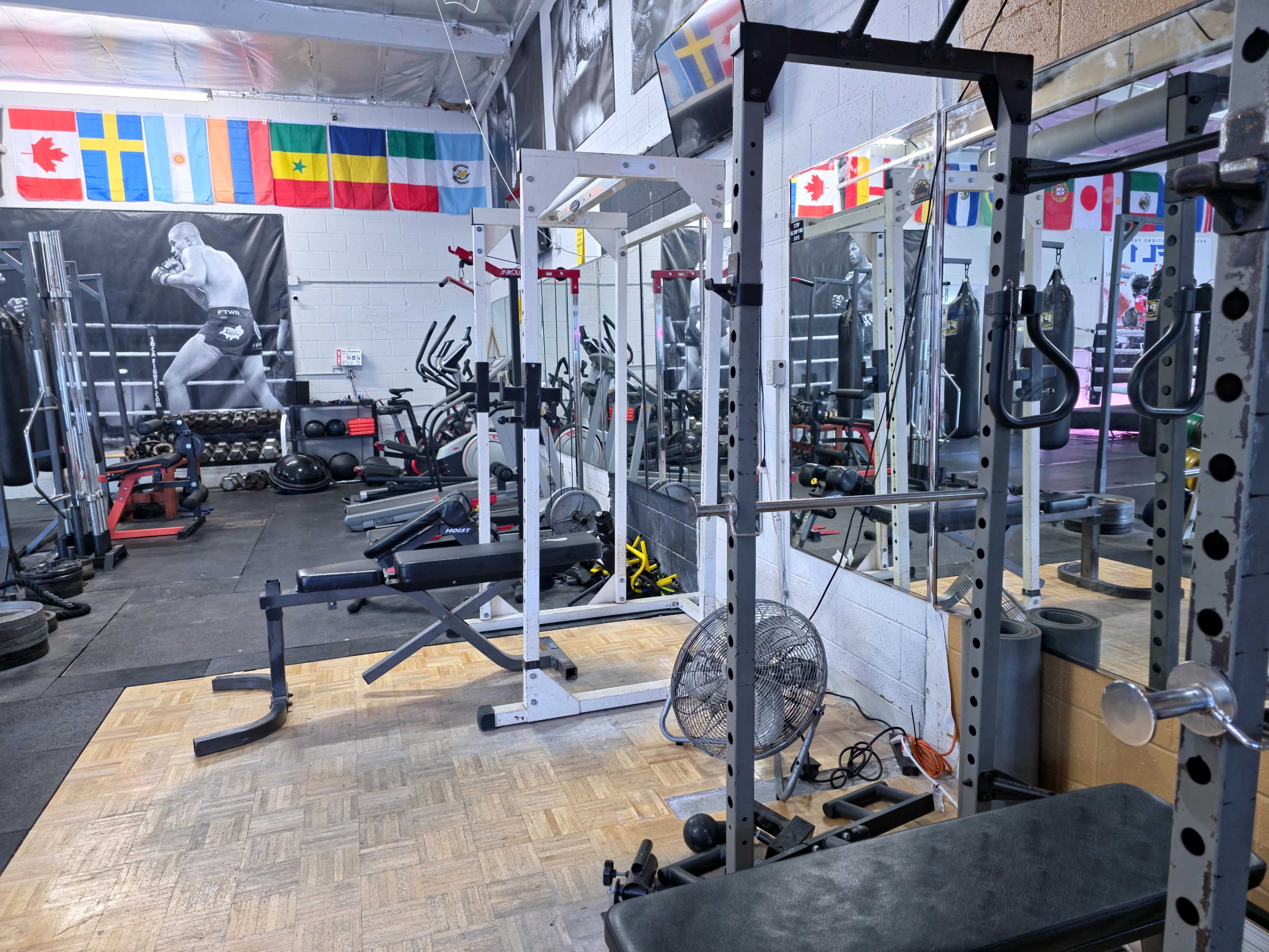 The image shows a gym interior with various workout equipment, including weightlifting benches, a squat rack, and cardio machines, surrounded by flags and a large mural on the wall.