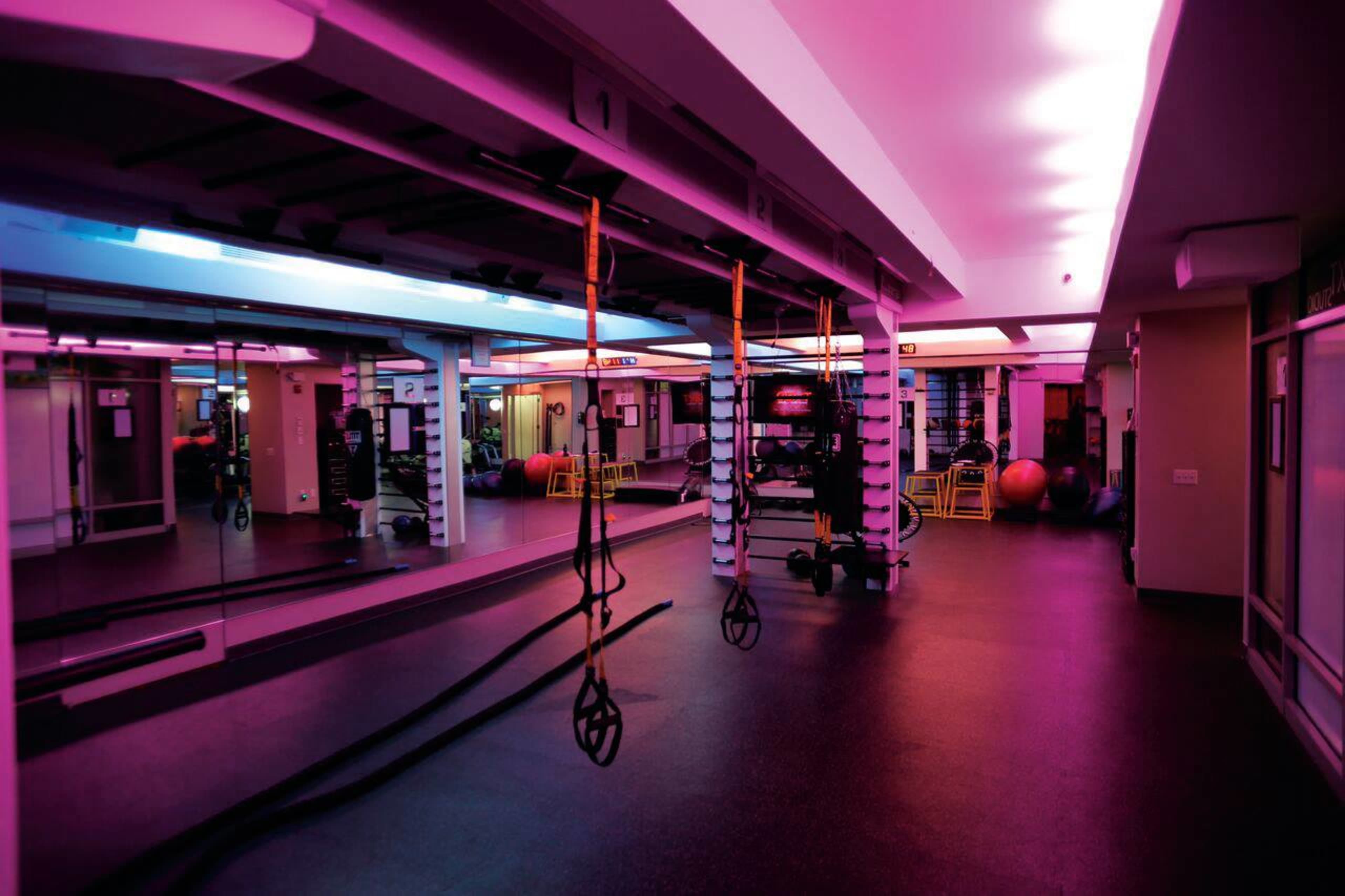 A modern fitness studio features colorful lighting and various exercise equipment, including TRX straps and exercise balls, against a backdrop of mirrors.