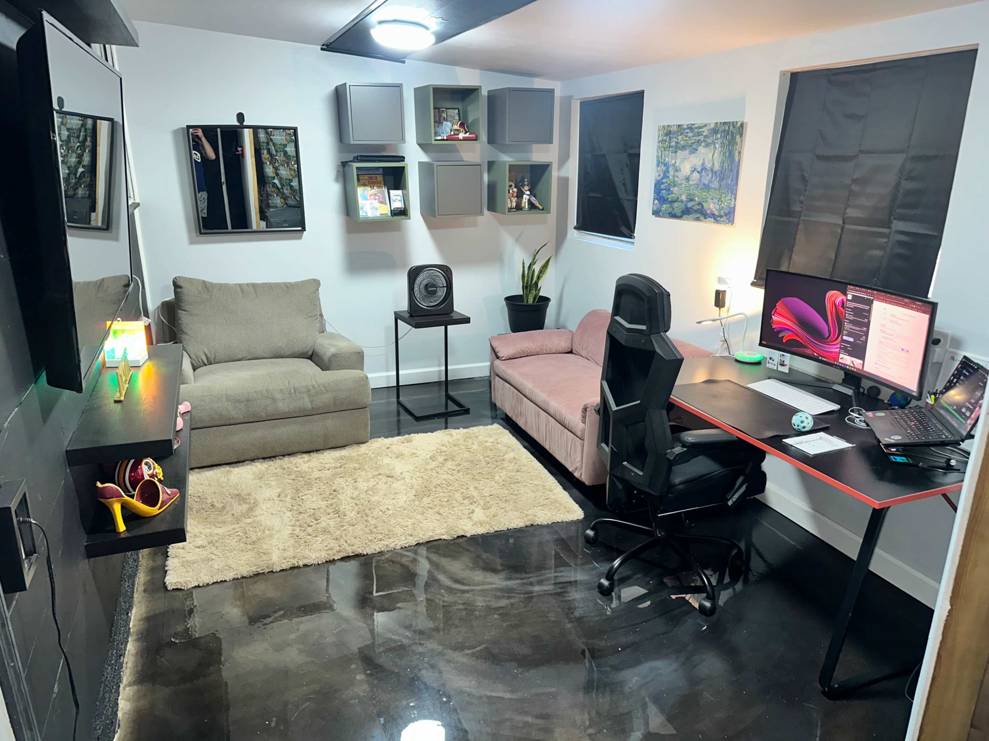 The room features a modern design with a sofa, a pink chair, a desk with a computer, decorative shelves, and various plants.
