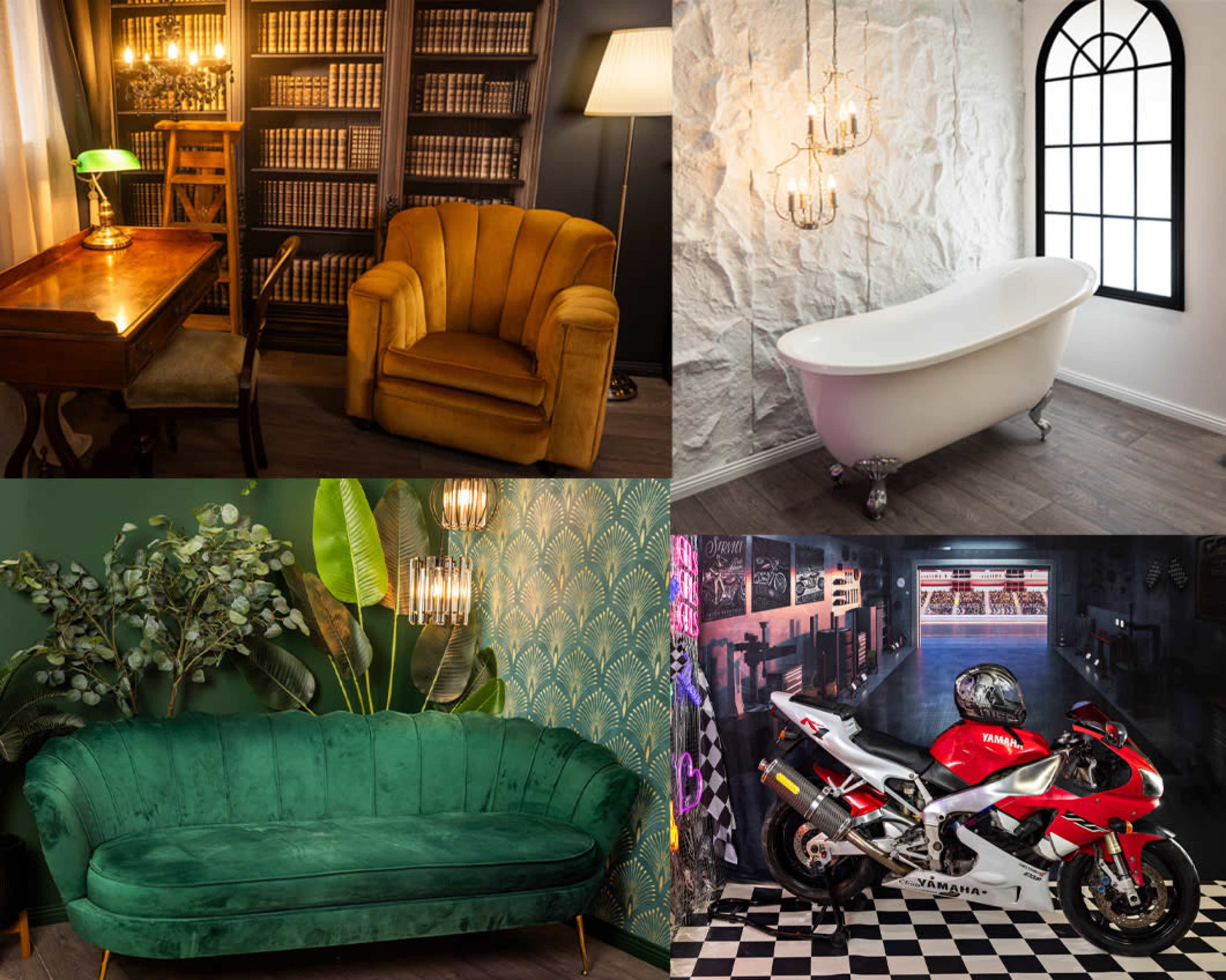 The image shows a collage of four scenes: a vintage desk and chair beside a bookshelf, a freestanding bathtub against a textured wall, a green velvet sofa with plants in the background, and a motorcycle displayed in a garage-like setting.