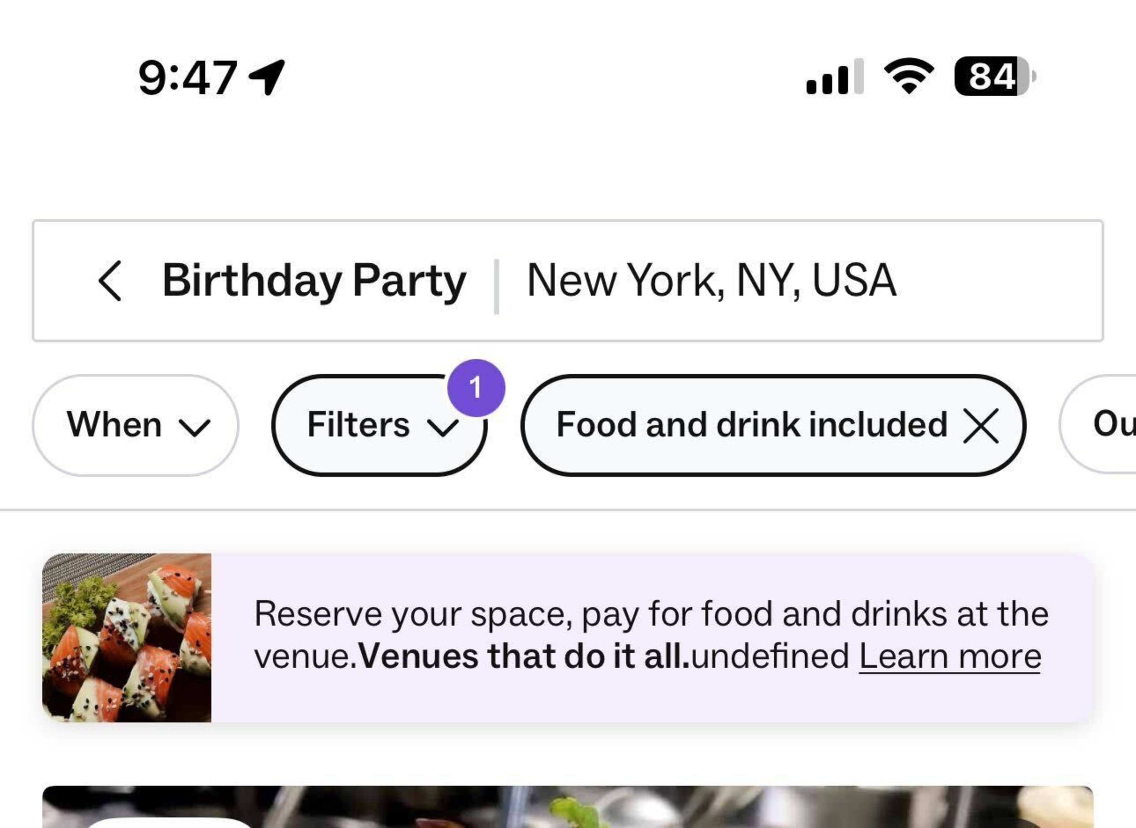 The image shows a smartphone screen displaying options for organizing a birthday party in New York, including filters for food and drink.