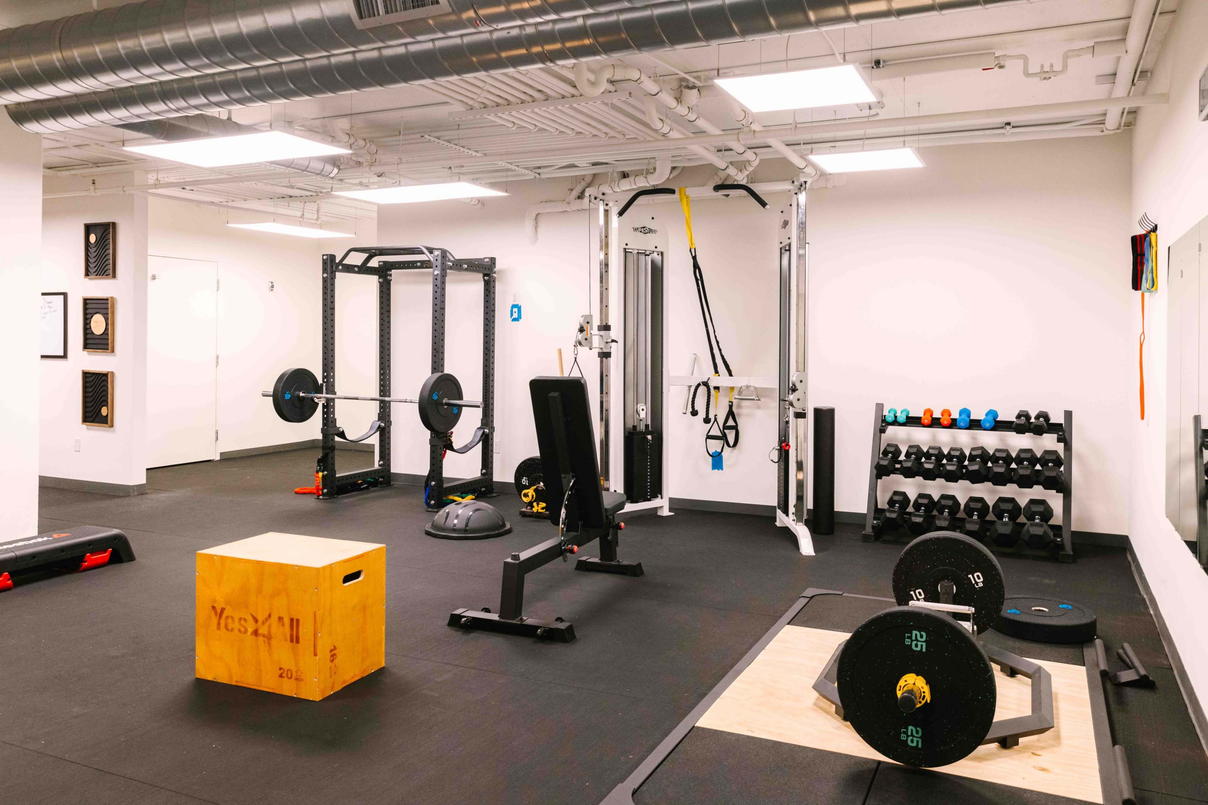 A well-equipped gym with weightlifting equipment, a box for jumping, and various dumbbells arranged on a rack.