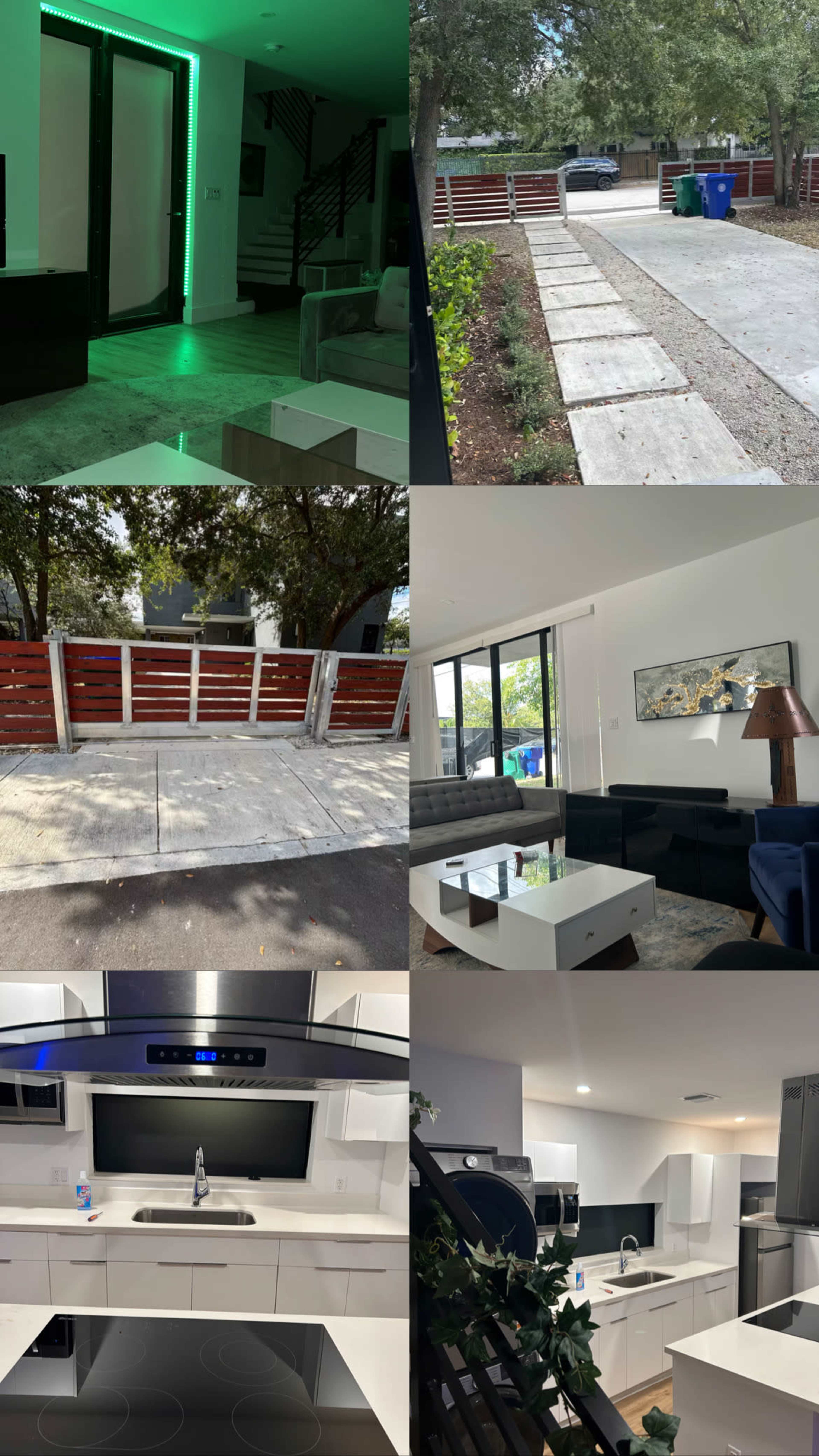 The image displays six sections showcasing modern home interiors and exteriors, including a hallway with green lighting, a paved driveway, fenced outdoor areas, and contemporary furniture in living spaces.